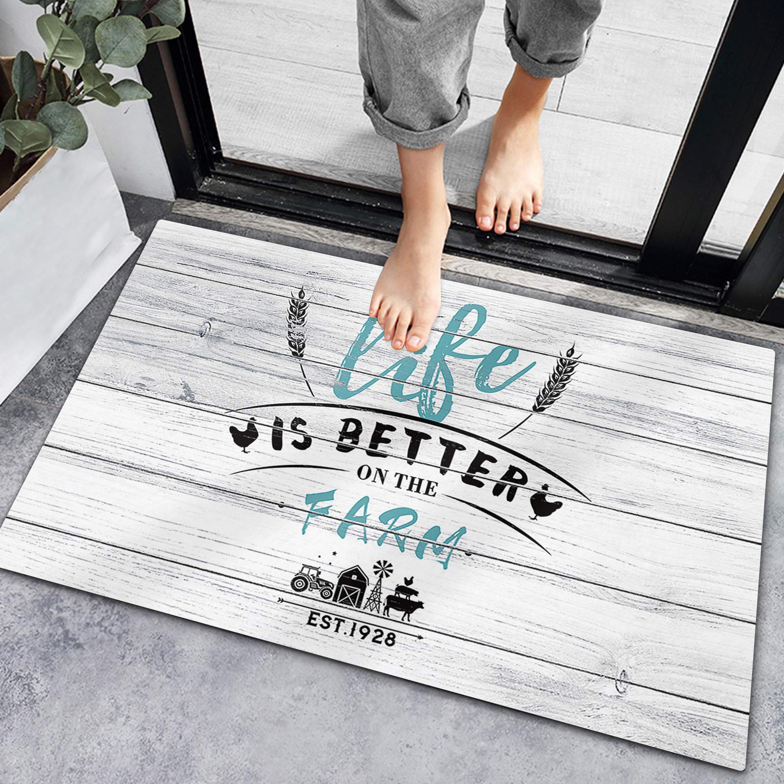 Non-Slip Absorbent Indoor Doormat - Farmhouse Style Rooster & Wheat Ear Design Bath Rug for Front Door, Bedroom, Bathroom & Entryway - Perfect for Farmhouse Decor, Kitchen Mats & Mudroom Floor Protection