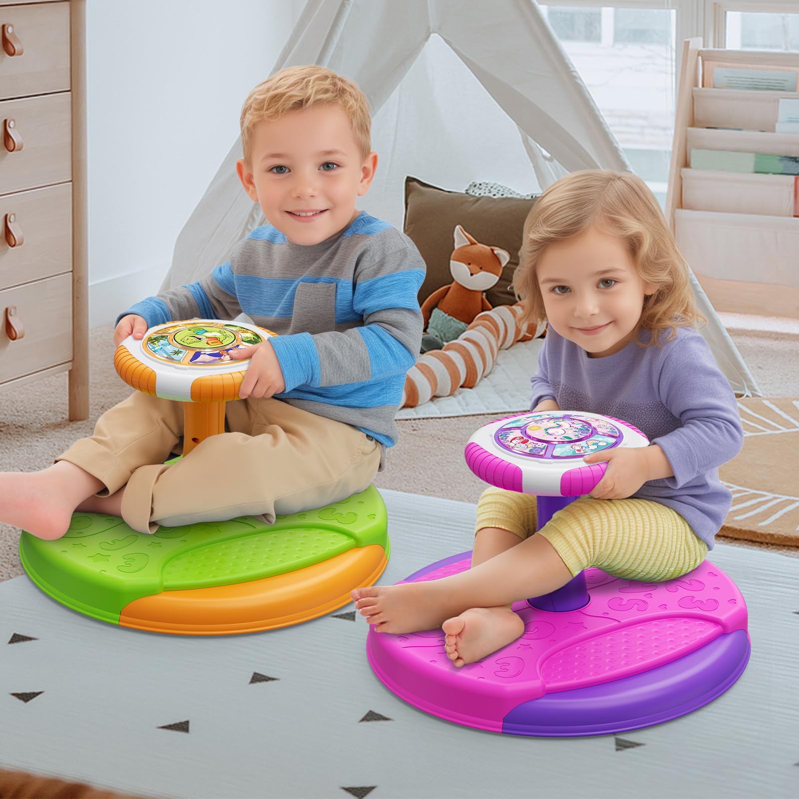 Dinosaur Sit and Spin Toy for Toddlers 3-5 Years - 360° Rotating Sensory Seat with LED Lights & Music - Best Birthday Gift for Boys & Girls - Perfect for Indoor Play, Preschool Activities & Sensory Development