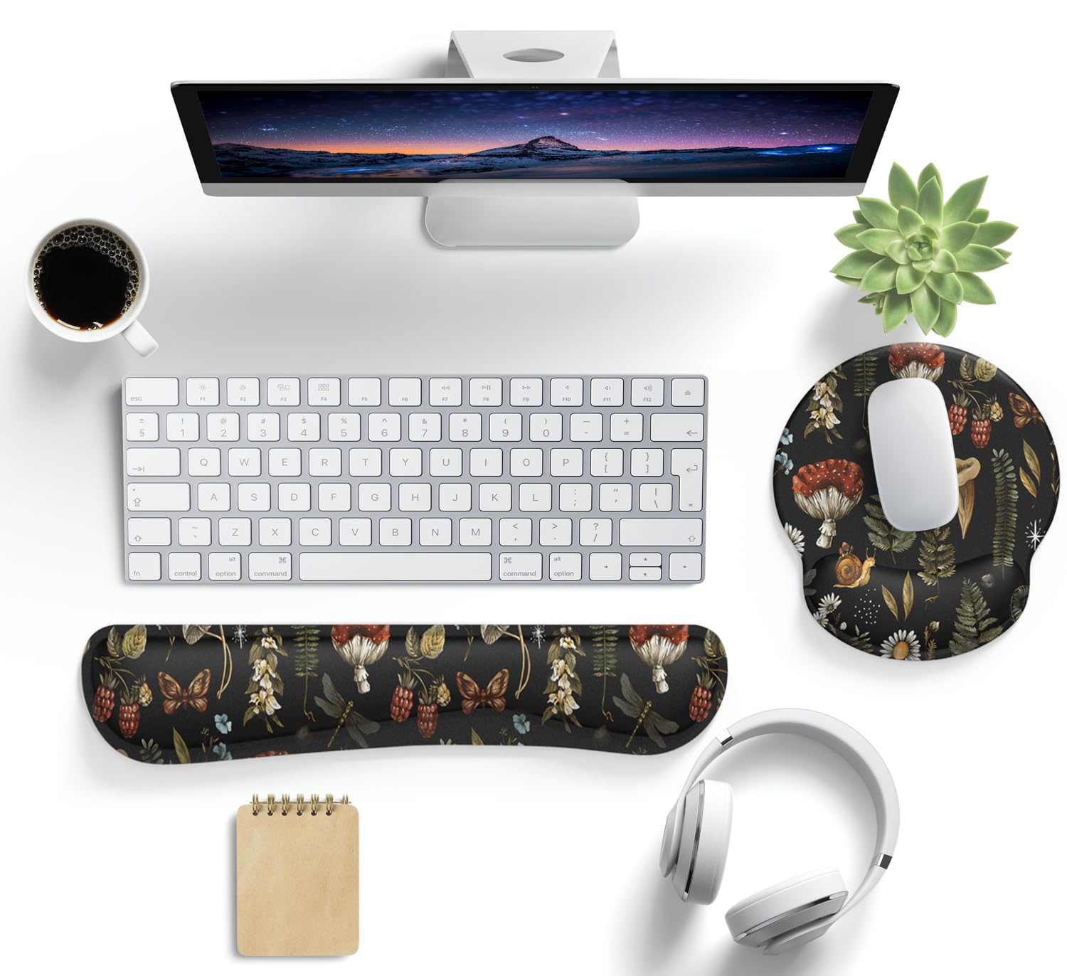 Ergonomic Mushroom Mouse Pad with Wrist Support - Non-Slip PU Desk Pad for Office, Gaming & Typing Comfort - Black Aesthetic Keyboard Wrist Rest Set for Pain Relief & Computer Work