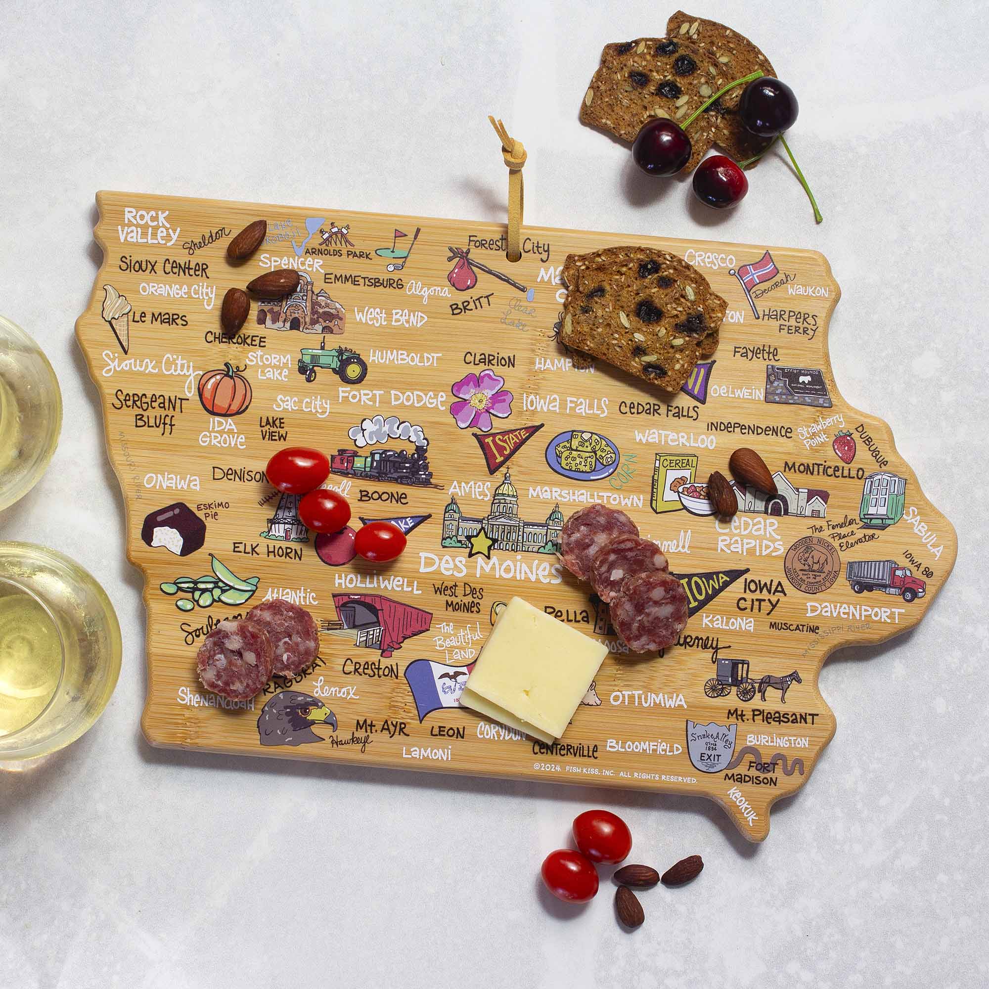 Premium Iowa-Themed Wooden Cutting Board with Fish Kiss™ Artwork - Durable Kitchen Essential for Chopping, Serving & Decor - Perfect for Home Cooks & Gift Giving