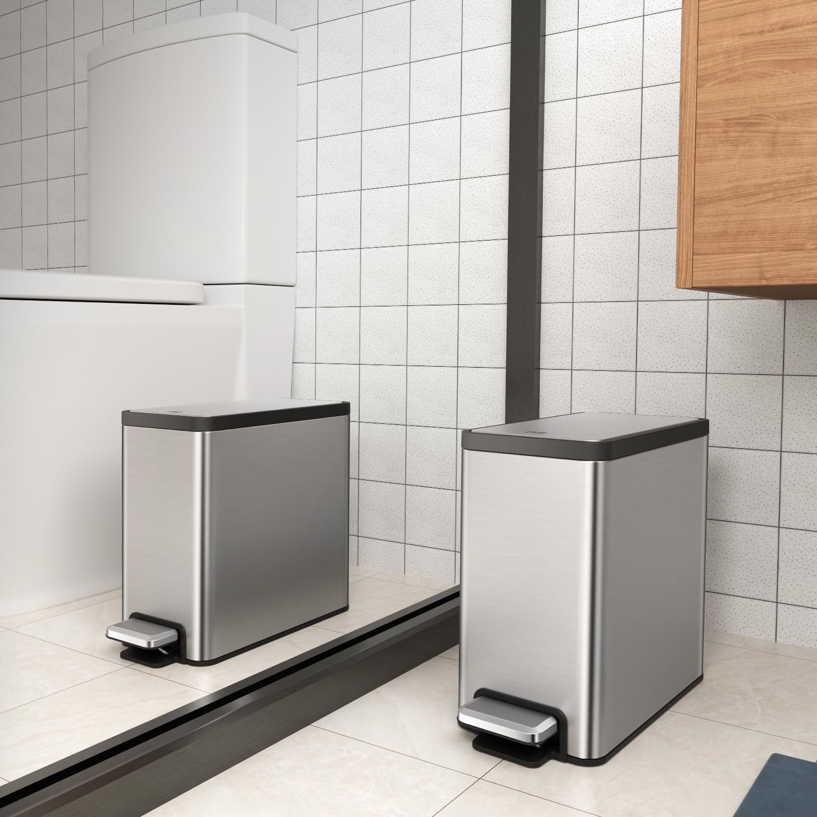EKO Slim Small Bathroom Trash Can with Lid - Stainless Steel Kitchen Garbage Bin with Removable Inner Bucket, 6L/1.6 Gallon (2-Pack) Step-On Trash Can Combo for Bathroom, Office & Bedroom Waste Disposal