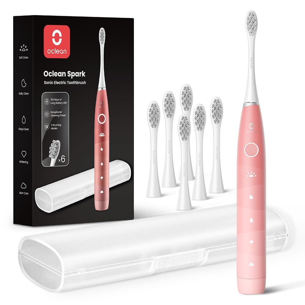 Oclean Electric Toothbrush for Adults - 150 Days Battery Life, USB Rechargeable Sonic Toothbrush with 6 Brush Heads & Travel Case, 5 Cleaning Modes & Smart Timer - Perfect for Travel, Home & Daily Oral Care