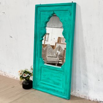 Handmade Indian Wood Carved Wall Mirror Frame with Green Accents - 80x50x150cm - Boho Home Decor for Living Room, Bedroom & Entryway