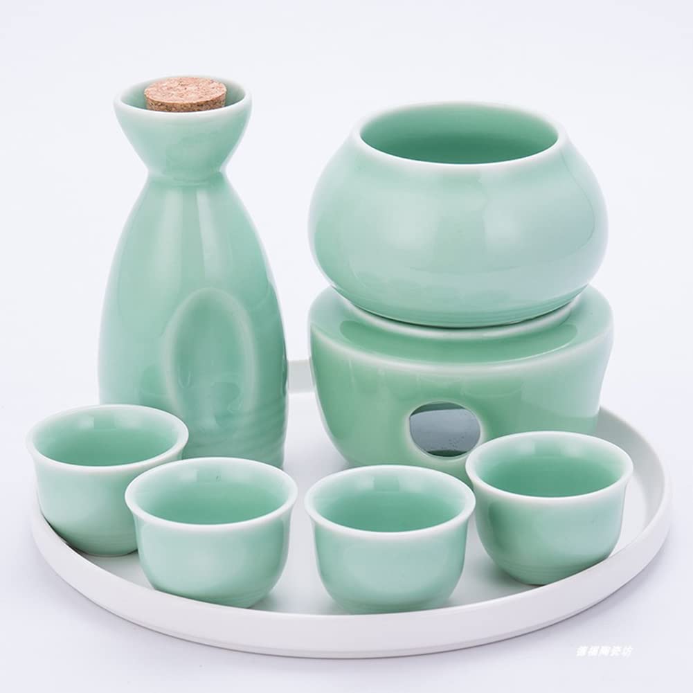 Vintage Ceramic Sake Warmer Set - 1 Stovetop, 1 Warming Bowl, 1 Sake Bottle, 4 Cups & 1 Tray - Traditional Japanese Tea & Alcohol Serving Set for Hot Sake, Shochu, Tea or Cold Drinks - Perfect for Home Entertaining & Asian Dining Experience