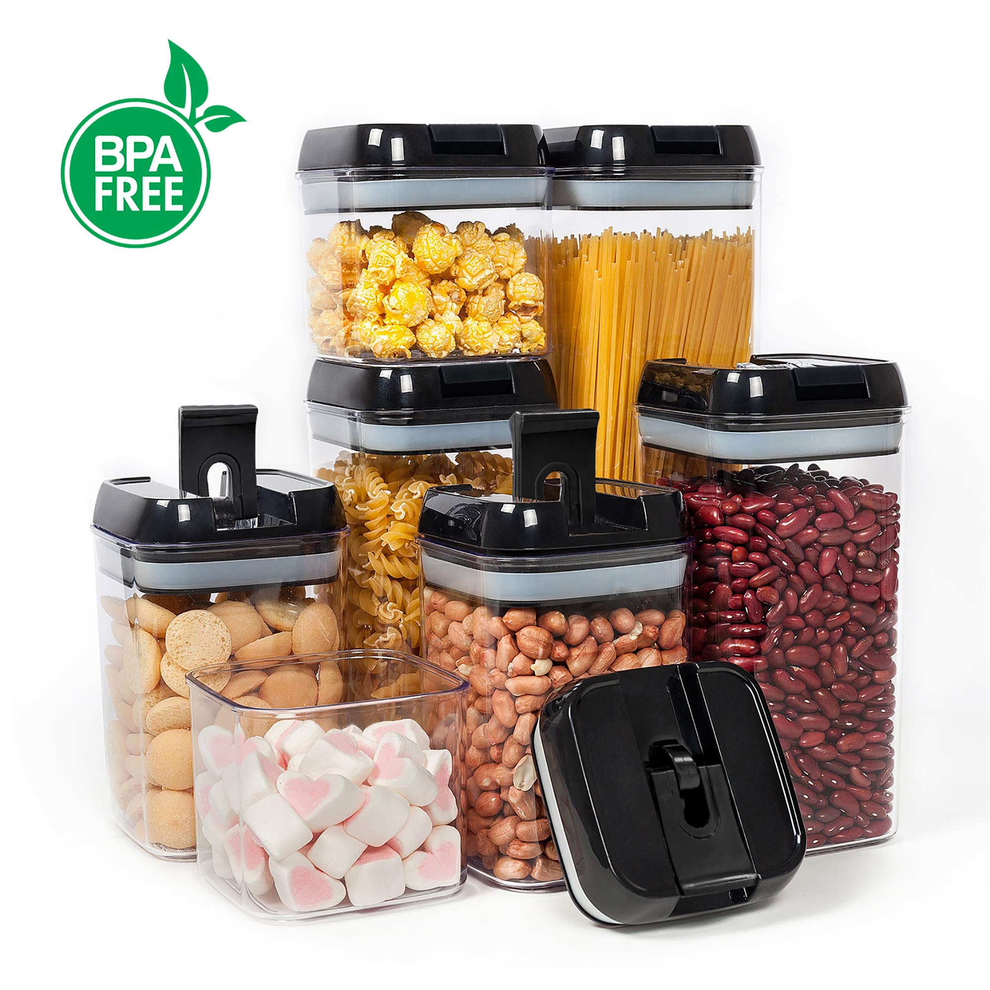 Vtopmart 7-Piece Airtight Food Storage Containers Set - BPA Free Plastic Kitchen Canisters with Locking Lids for Cereal, Flour, Sugar & Dry Goods - Perfect for Pantry Organization & Meal Prep (Includes 24 Labels, Black)