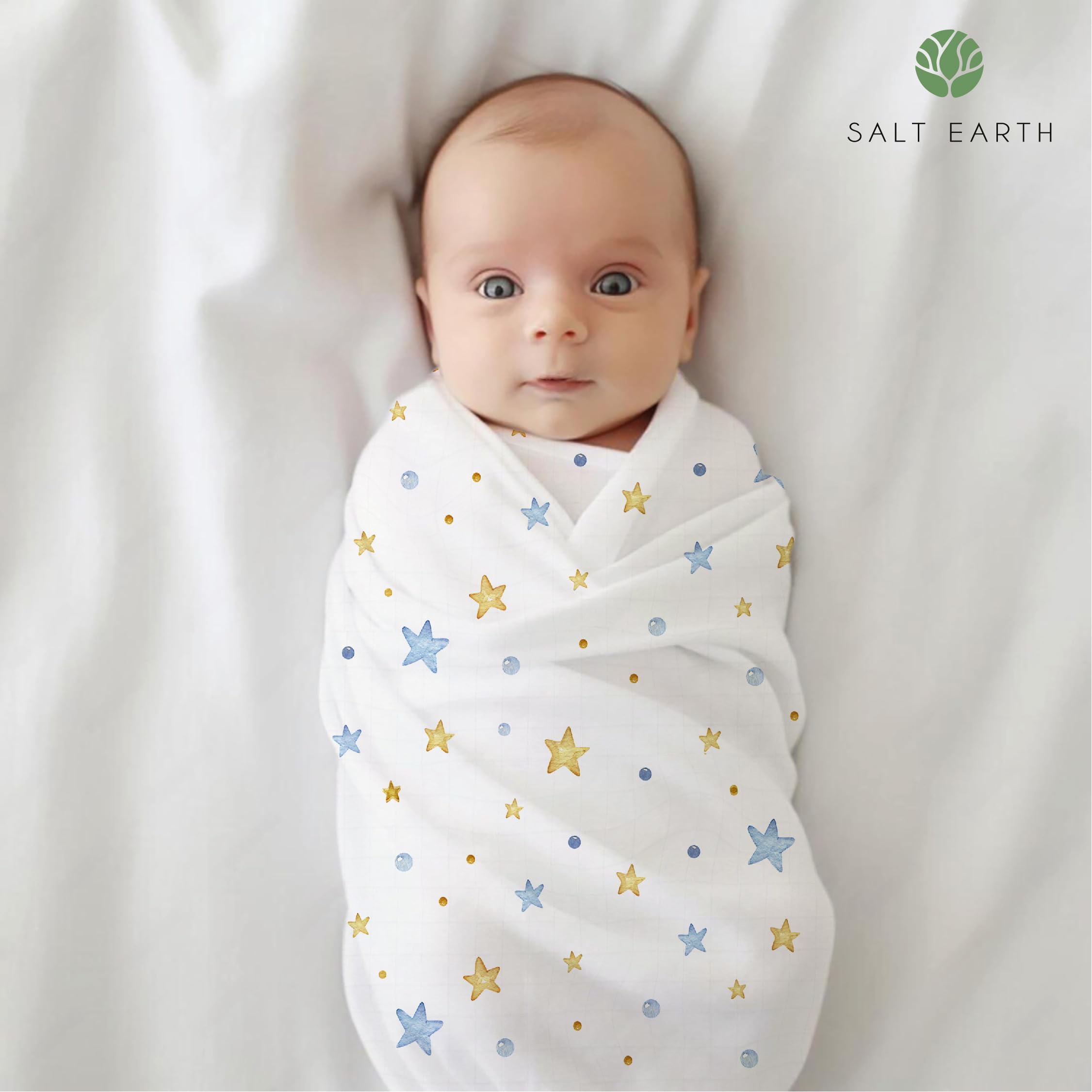 GOTS Certified 100% Organic Cotton Baby Swaddle Blankets - 2-Layered 47x47 Inch Receiving Blankets for Newborns (4 Pack, Solids & Stars) | Soft, Breathable & Hypoallergenic for Boys & Girls | Perfect for Swaddling, Nursing, Stroller & Registry Essentials
