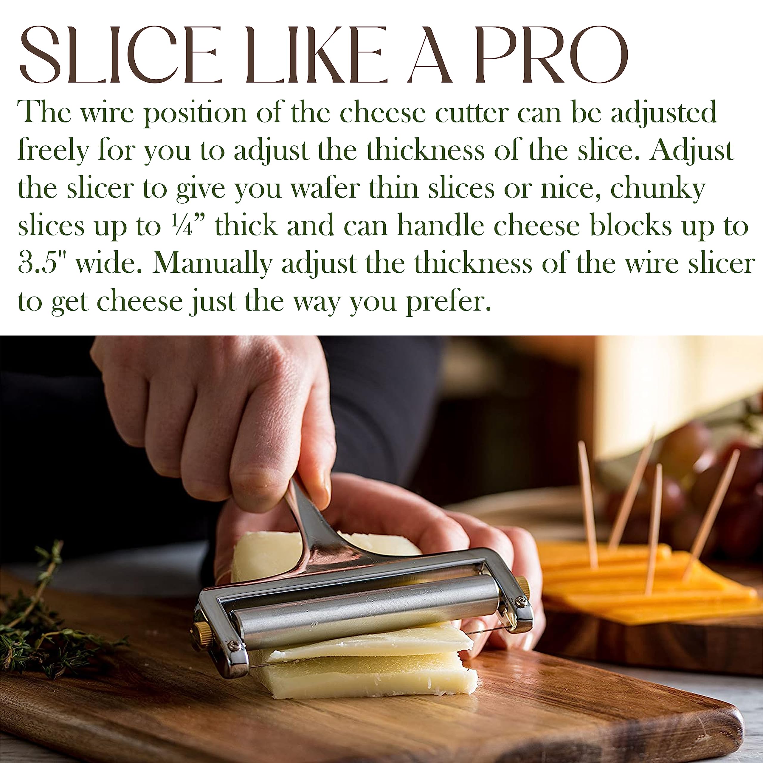 Bellemain Stainless Steel Adjustable Cheese Slicer - Handheld Cheese Cutter for Cheddar, Gruyere, Mozzarella - Cheese Shaver & Curler for Thin or Thick Slices (Silver) - Perfect for Charcuterie Boards, Wine Pairings & Home Cooking