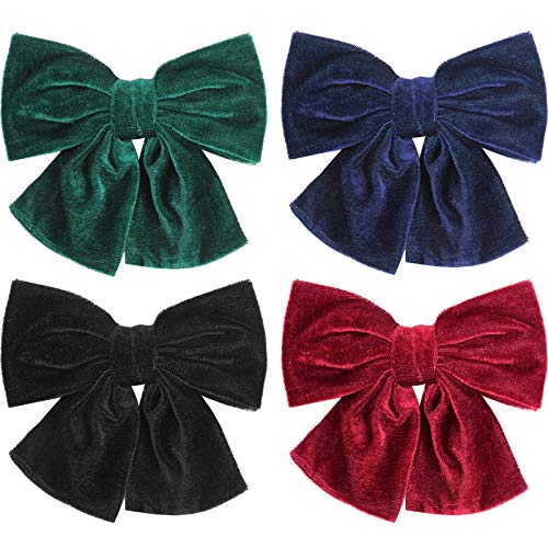 4-Piece Velvet Hair Bow Clips - Large Alligator Hair Barrettes for Baby, Toddler, Girl & Women (Red, Green, Black, Navy Blue) | Perfect for Parties, Weddings & Daily Hair Accessories