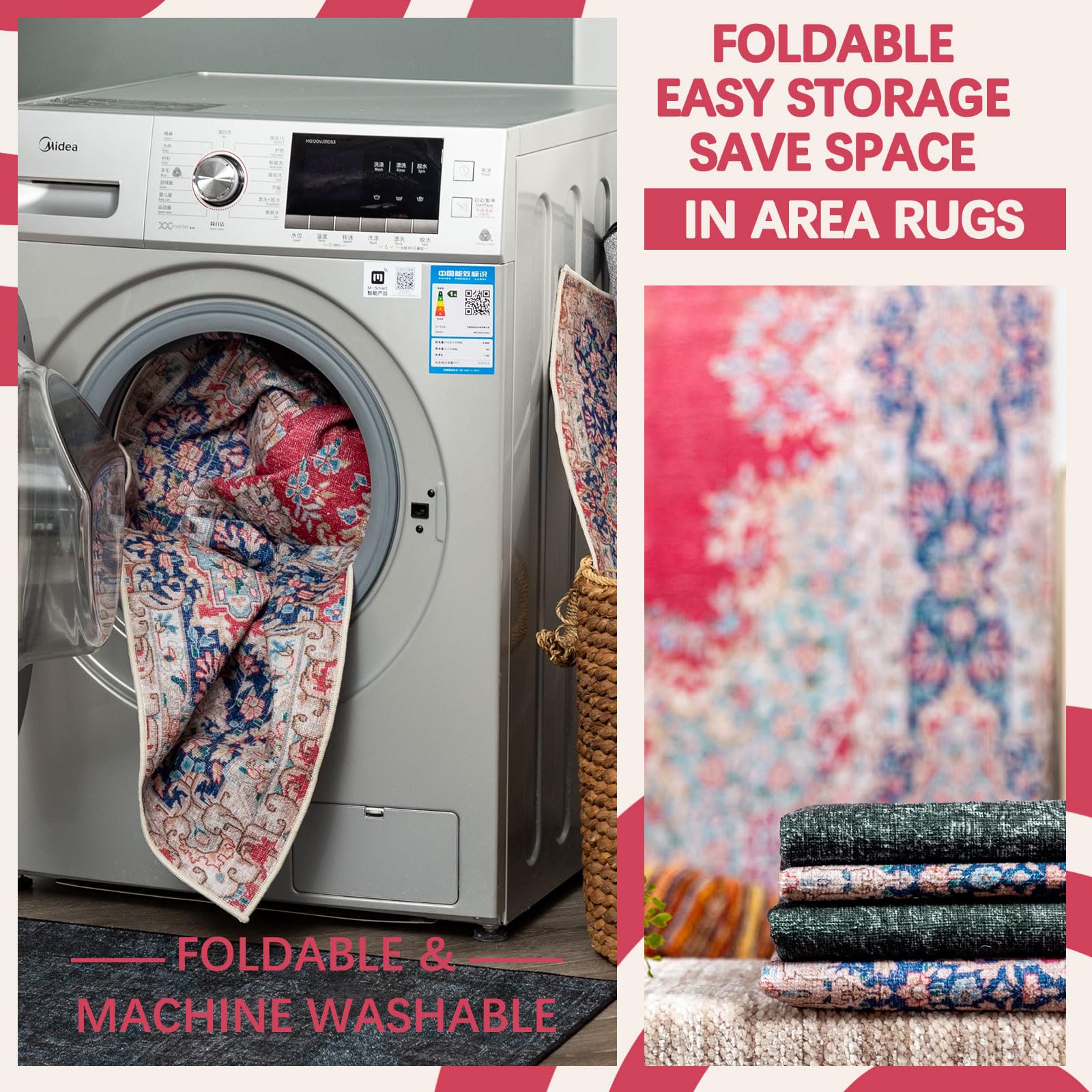 DECOMALL Maila Large Washable Rug 9x12 - Non Slip Rubber Backing Bohemian Red Carpet for Bedroom & Living Room | Machine Washable Foldable Thin Indoor Rug - Perfect for Home Decor, Dorm Rooms & Office Spaces