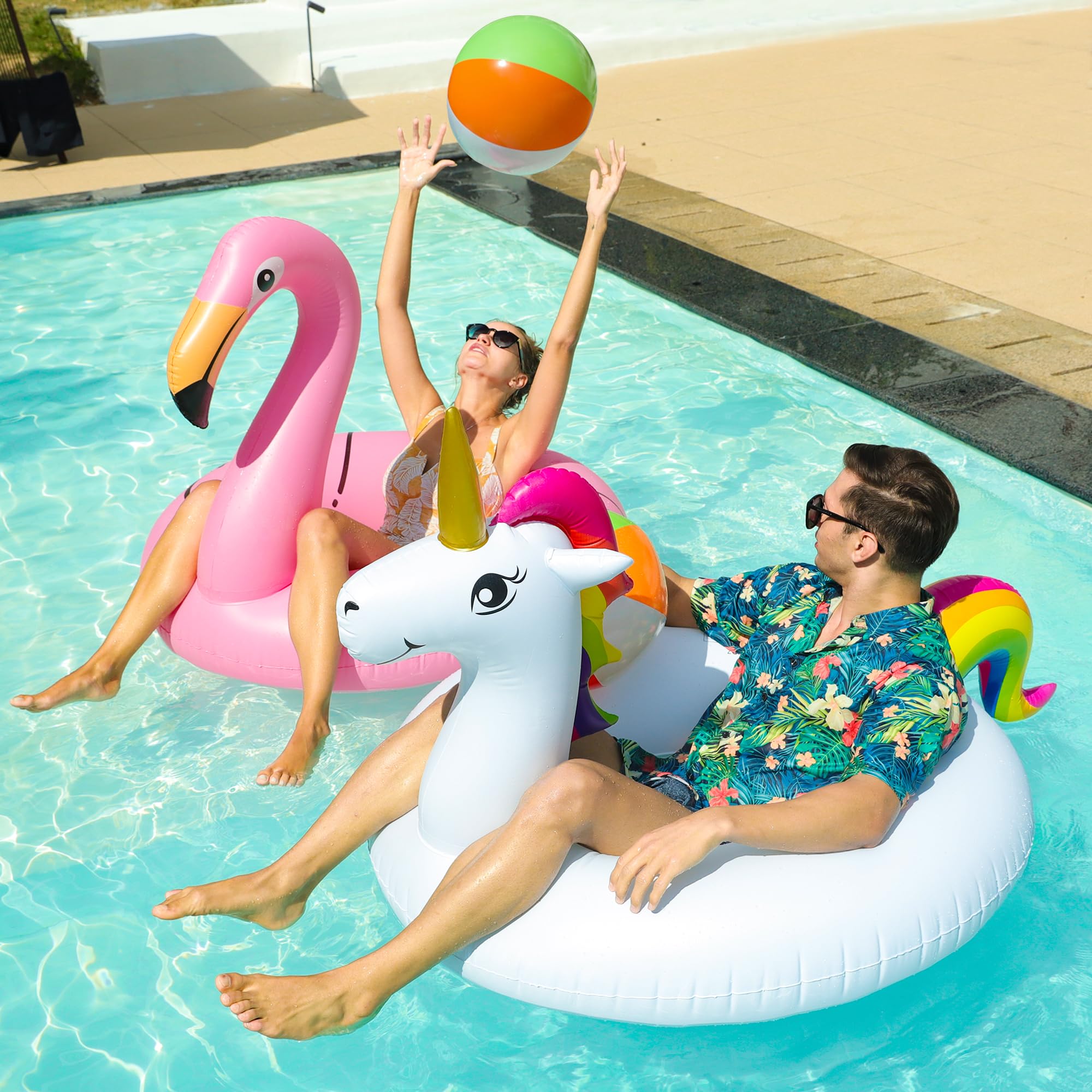 **PARENTSWELL 43-Inch Inflatable Unicorn & Flamingo Pool Floats (2-Pack) – Giant Pool Floaties with 2 Free Beach Balls – Premium Inflatable Pool Raft Tubes for Adults – Perfect for Summer Pool Parties, Beach Trips & Relaxation**