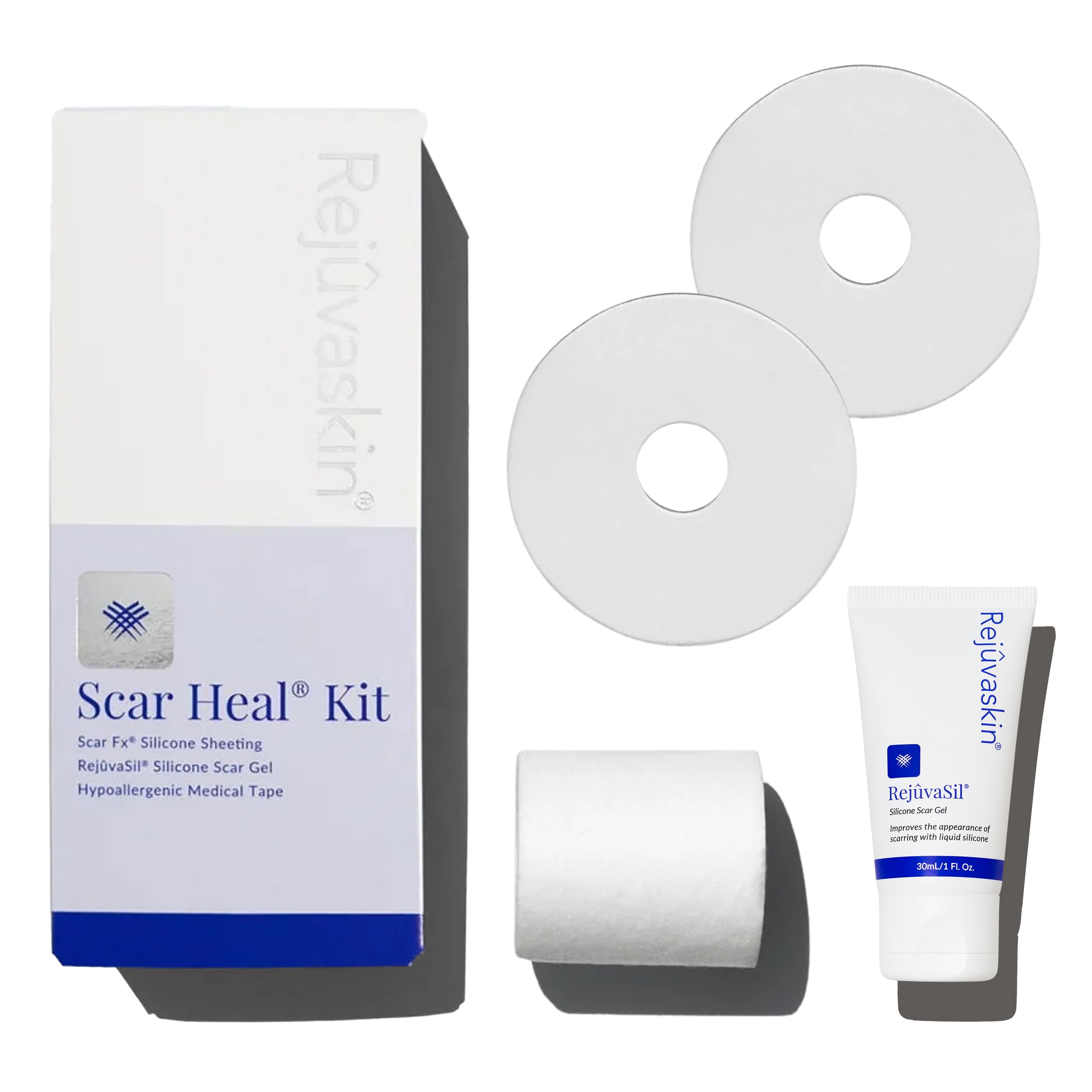 Rejuvaskin Scar Heal Kit for Post-Surgical Recovery | 2 Silicone Sheets, Rejuvasil Gel & Medical Tape | Soften, Flatten & Reduce Scars | Ideal for Breast Surgery, C-Section & Injury Scars