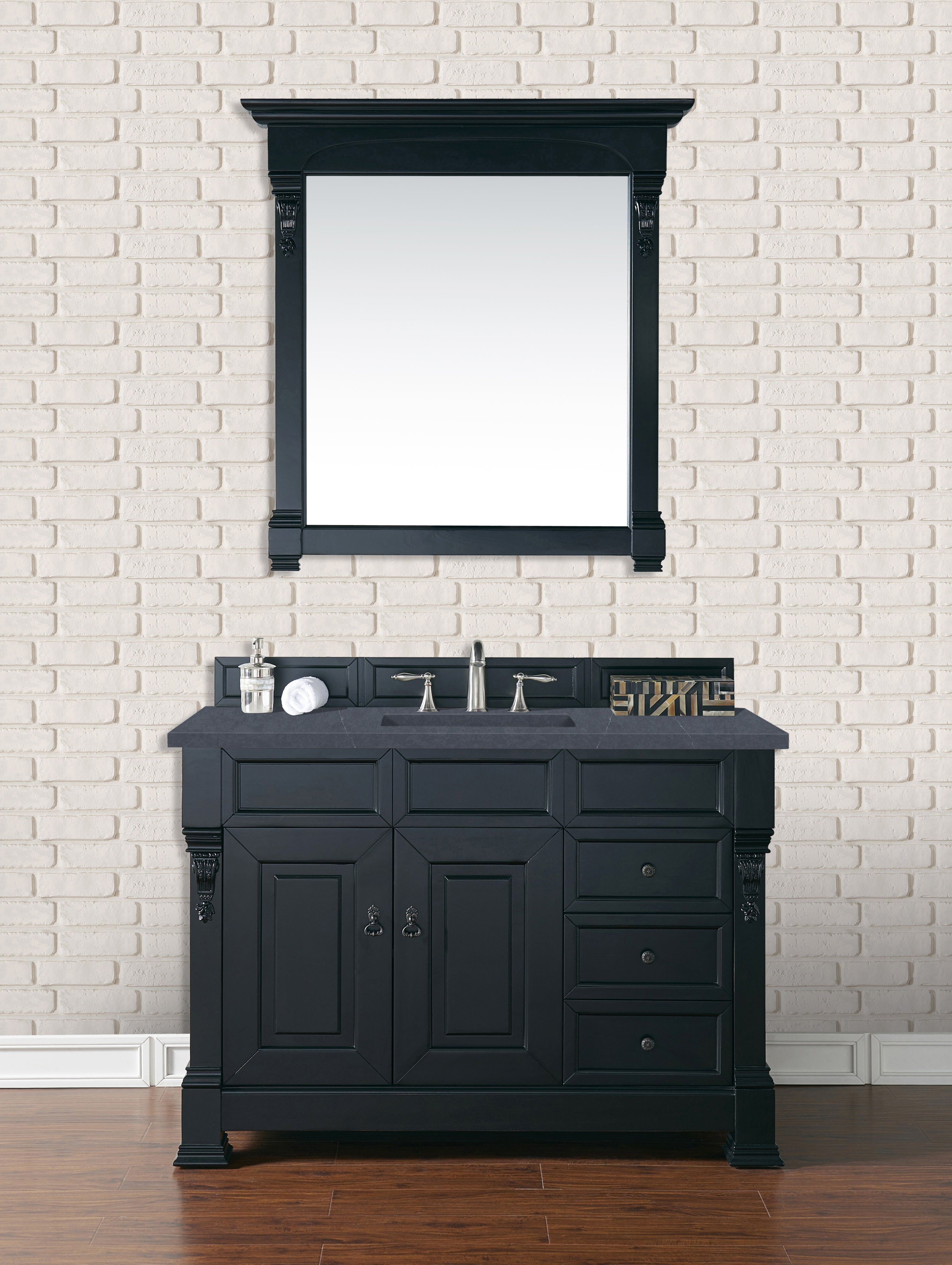 Brookfield 48 Inch Single Bathroom Vanity Set with Antique Black Finish & 3CM Charcoal Soapstone Quartz Countertop – Perfect for Modern and Traditional Bathroom Remodels