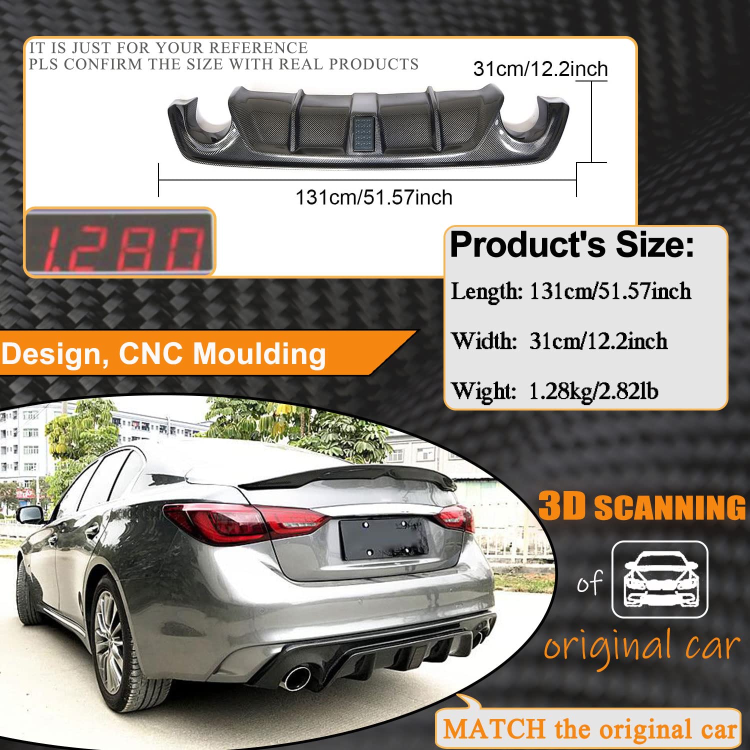 Carbon Fiber Rear Diffuser for Infiniti Q50 Q50S Base & Sport Sedan 2018-2021 - Lower Bumper Lip Spoiler Body Kit with Black Brake Light - Custom Fit for Enhanced Aerodynamics & Sporty Styling - Perfect for Car Enthusiasts & Performance Upgrades