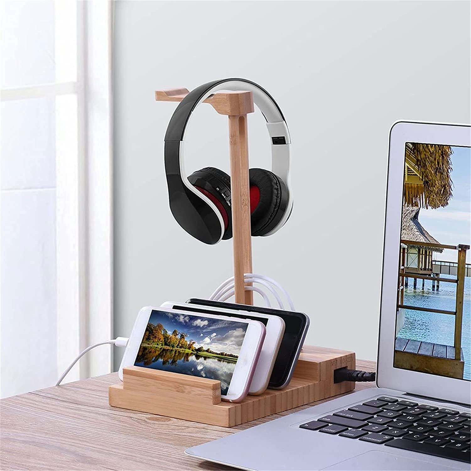 BOGAZY Wooden Headphone Stand with 3 USB Charging Ports - 2-in-1 Desk Organizer for Headset & Phone Holder - Perfect for Home Office, Gaming Setup, and Workspace Organization