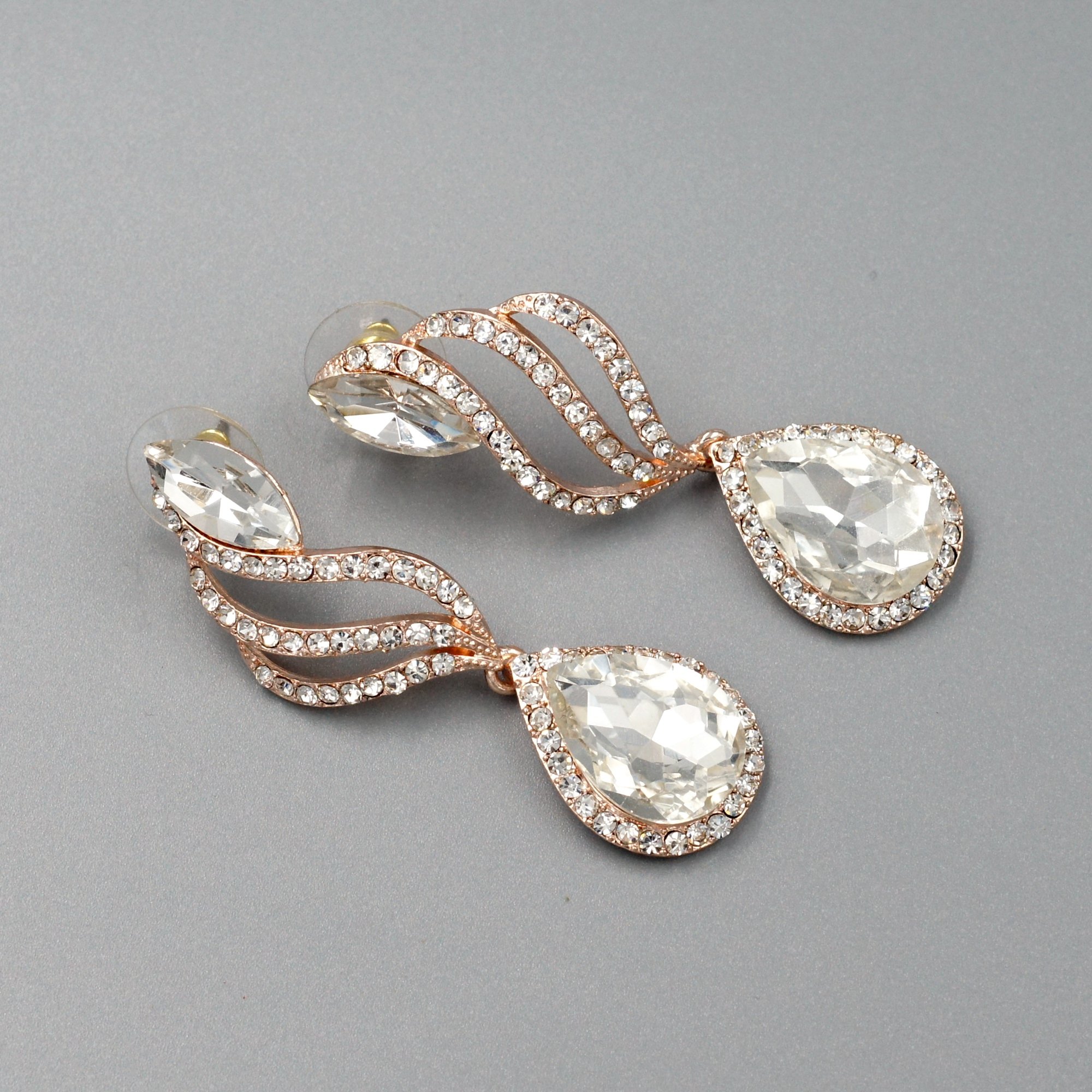 Rose Gold Plated Crystal Teardrop Dangle Earrings - Elegant Rhinestone Wedding Jewelry for Brides, Bridesmaids & Special Occasions