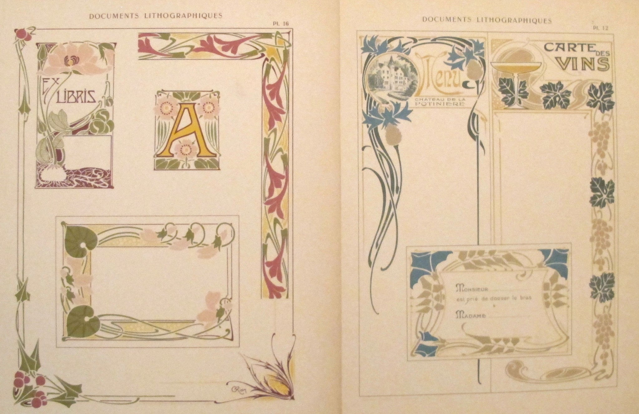 Antique 1900s Belle Epoque Design Sheets - Original Lithographic Plates #12 & #16 - Vintage French Art Nouveau Documents for Framing & Home Decor