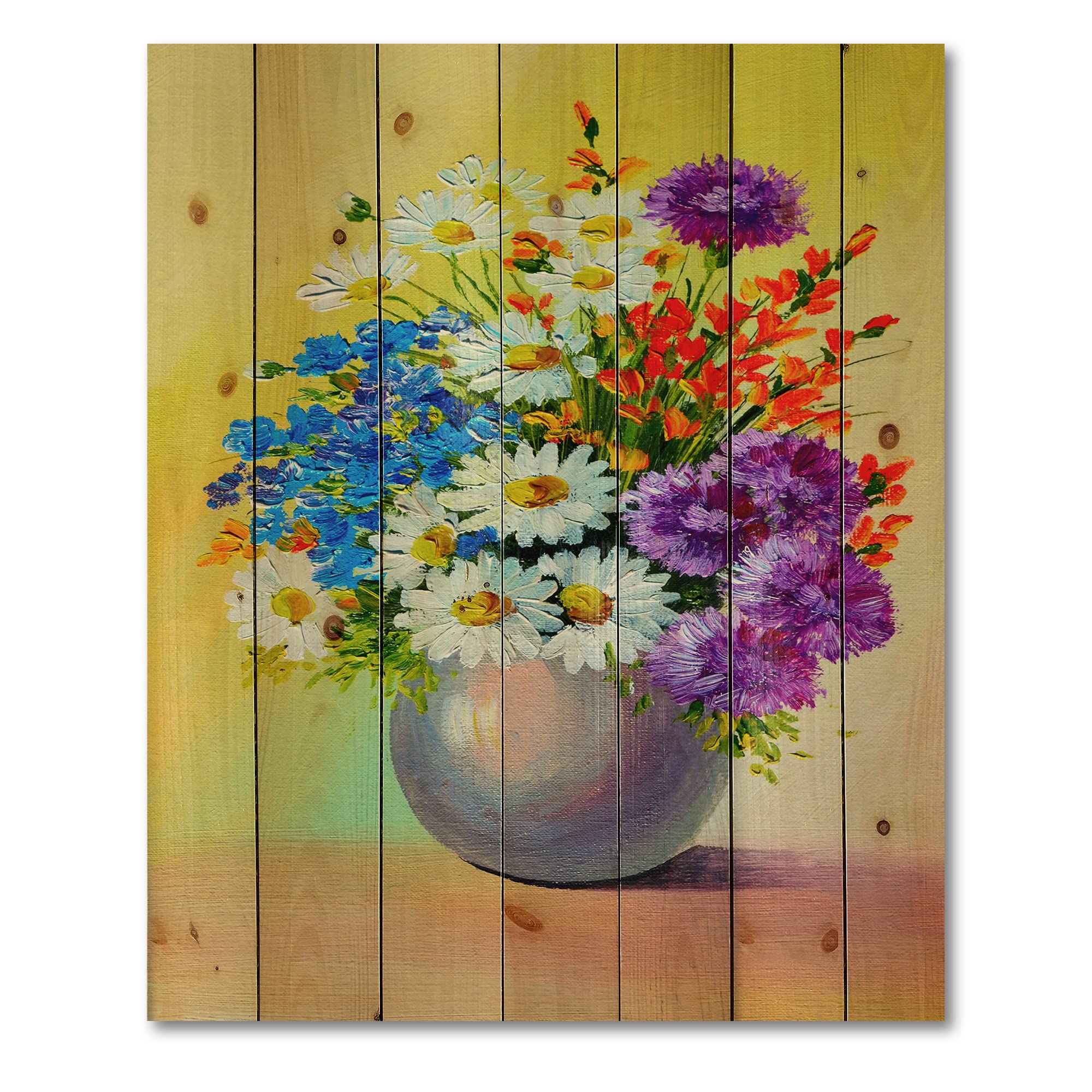 Blue Red White Floral Wood Wall Art - Large Pine Decor for Living Room