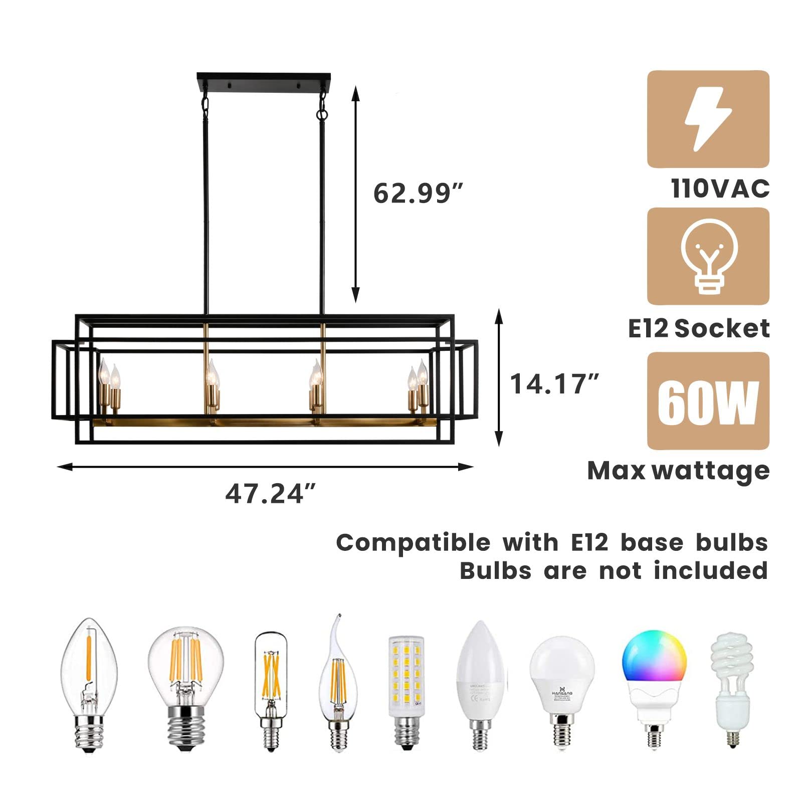 8-Light Black and Gold Rectangle Chandelier - Modern Farmhouse Kitchen Island Lighting with Brushed Brass Sockets - Perfect for Dining Room, Breakfast Nook, and Over Table Lighting