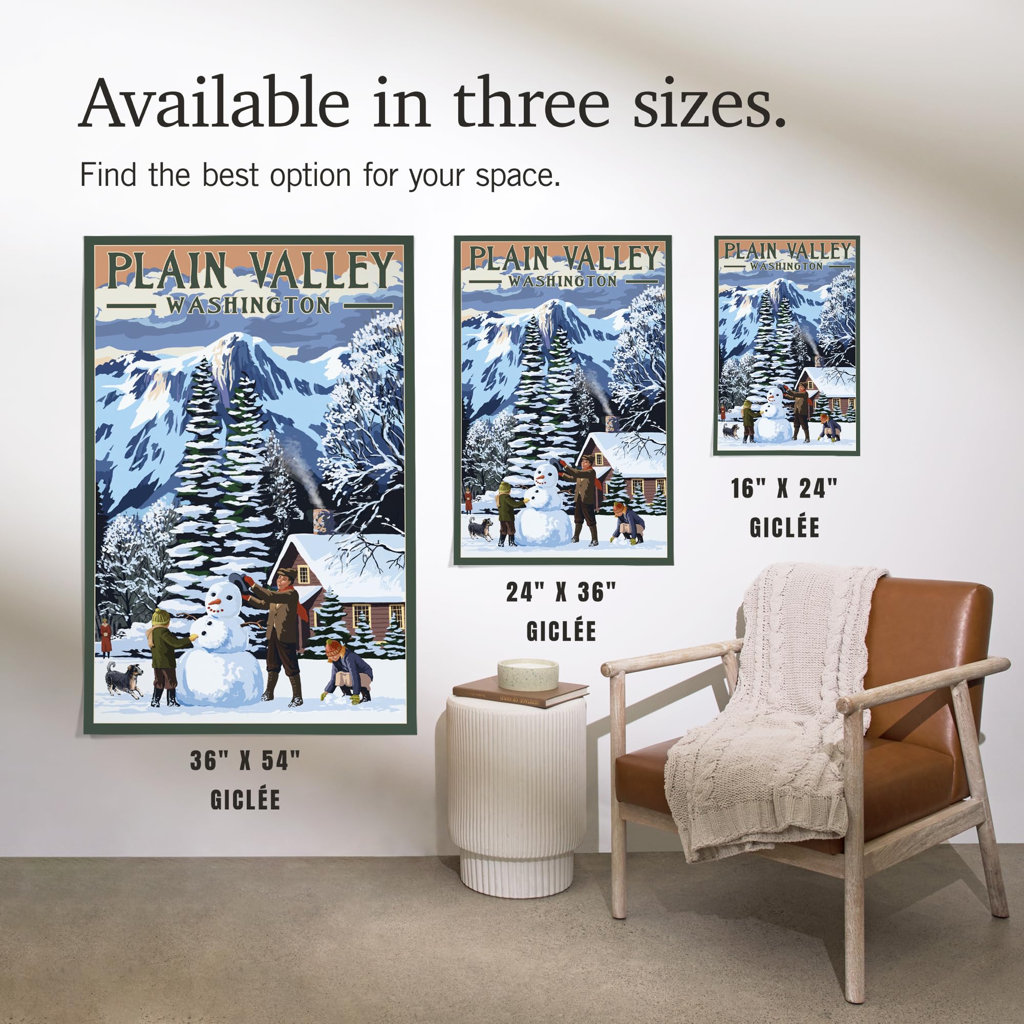 Lantern Press 16x24 Inch Giclee Print - Plain Valley Washington Winter Snowman Scene Wall Art - Perfect for Living Room, Bedroom & Office Decor