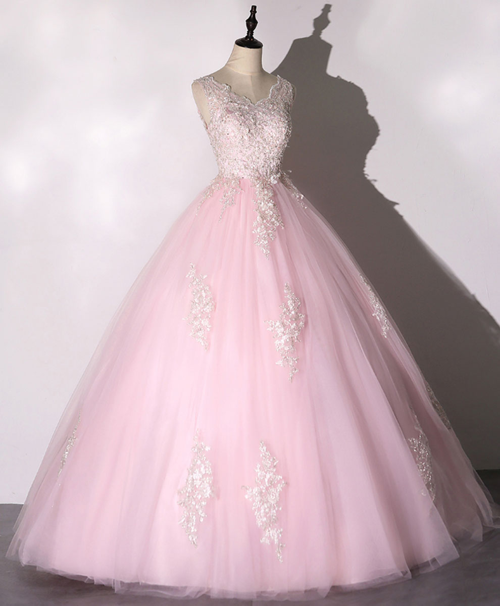 Elegant Pink V-Neck Tulle Lace Long Prom Dress for Sweet 16 | Formal Evening Gown for Homecoming, Quinceañera & Special Occasions