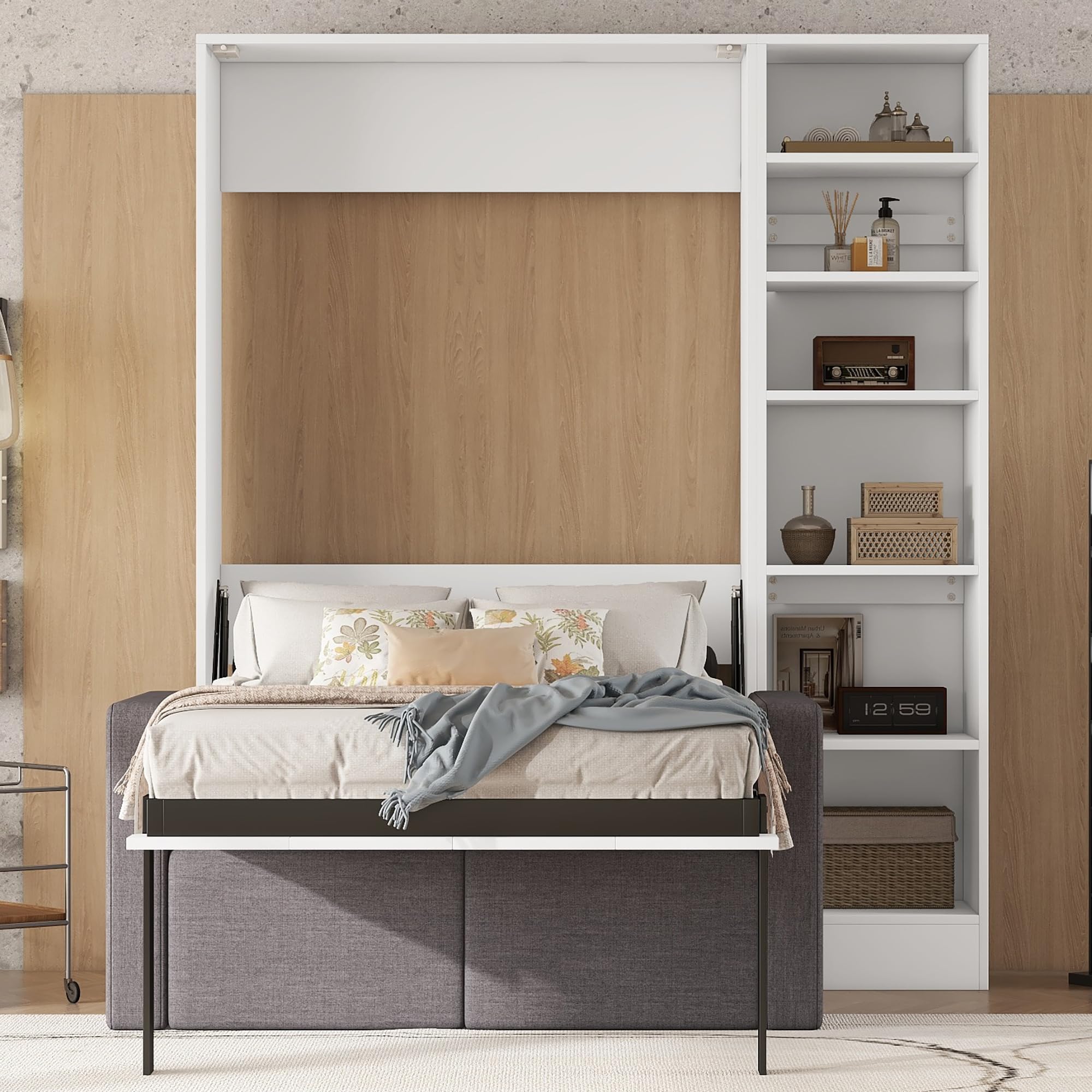 LZ LEISURE ZONE Twin Size Murphy Bed with Built-in Shelves & Sofa - Space Saving Wall Bed for Small Rooms, Home Office or Studio Apartment - White & Gray Modern Design - Perfect for Guest Rooms, Dormitories & Tiny Homes