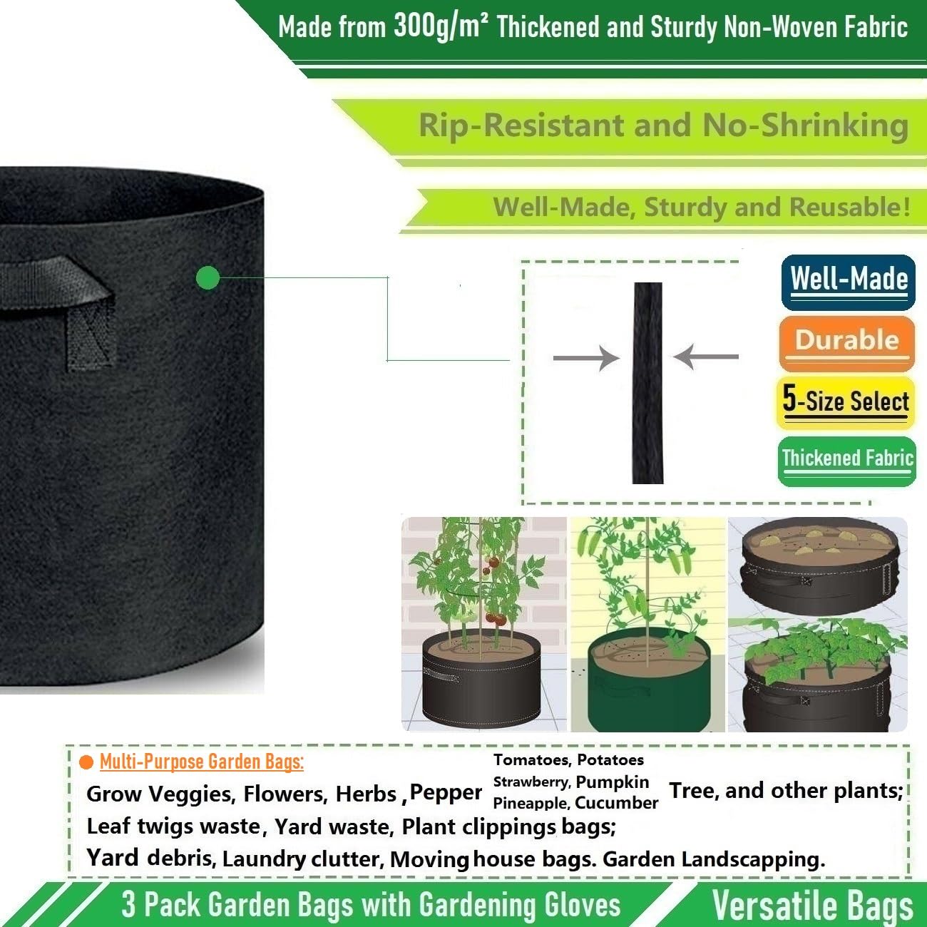 **3-Pack 20 Gallon Thickened Fabric Grow Bags (22x12 Inch) - Heavy Duty Garden Plant Pots for Tomatoes, Potatoes, Herbs & Vegetables - Ideal for Planting, Yard Waste & Leaf Collection**