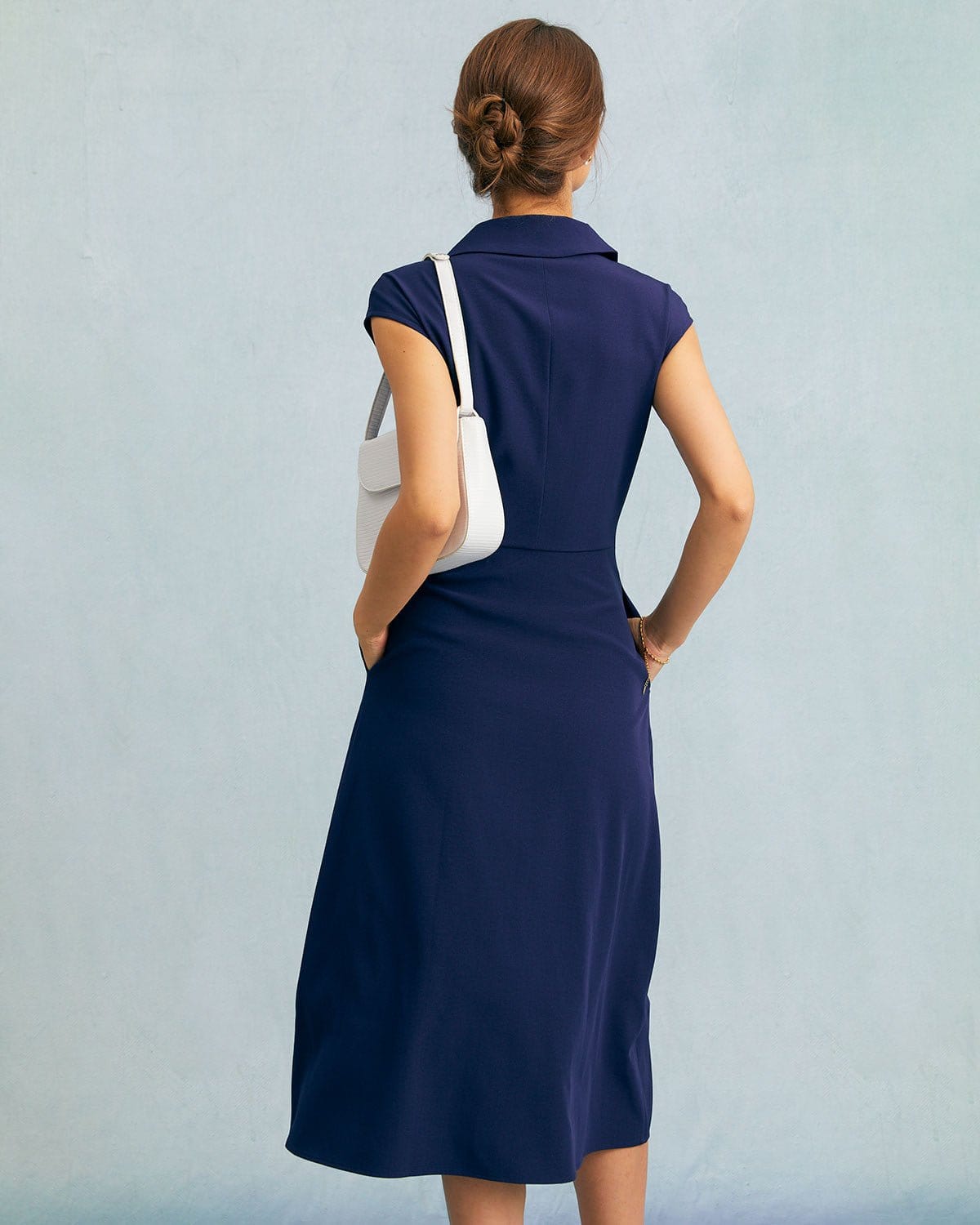 Navy Blue V-Neck Button-Down Cap Sleeve Midi Dress for Women | Casual Summer Dress for Beach, Office & Date Night