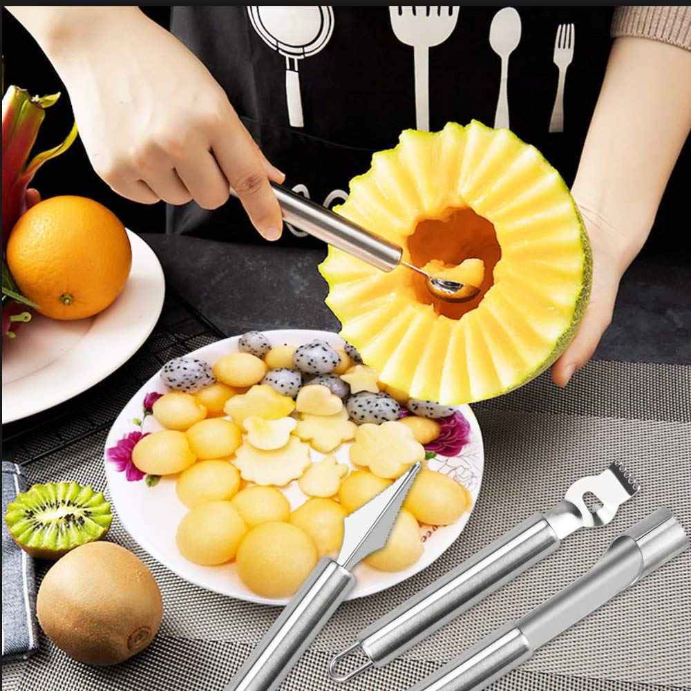 CODIRATO 4-Piece Stainless Steel Fruit Carving Tool Set - Watermelon Baller, Peeler & Seed Remover | Multi-Functional Kitchen Utensils for Fruit Cutting, Decorating & Serving | Perfect for Parties, Salads & Food Presentation