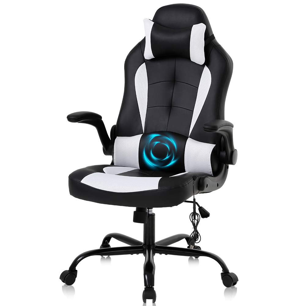 Ergonomic Gaming Chair with Lumbar Support & Headrest - Adjustable PU Leather Office Computer Chair for Video Games, Work & Home Use - White (Perfect for Esports, Streaming & Long Work Sessions)