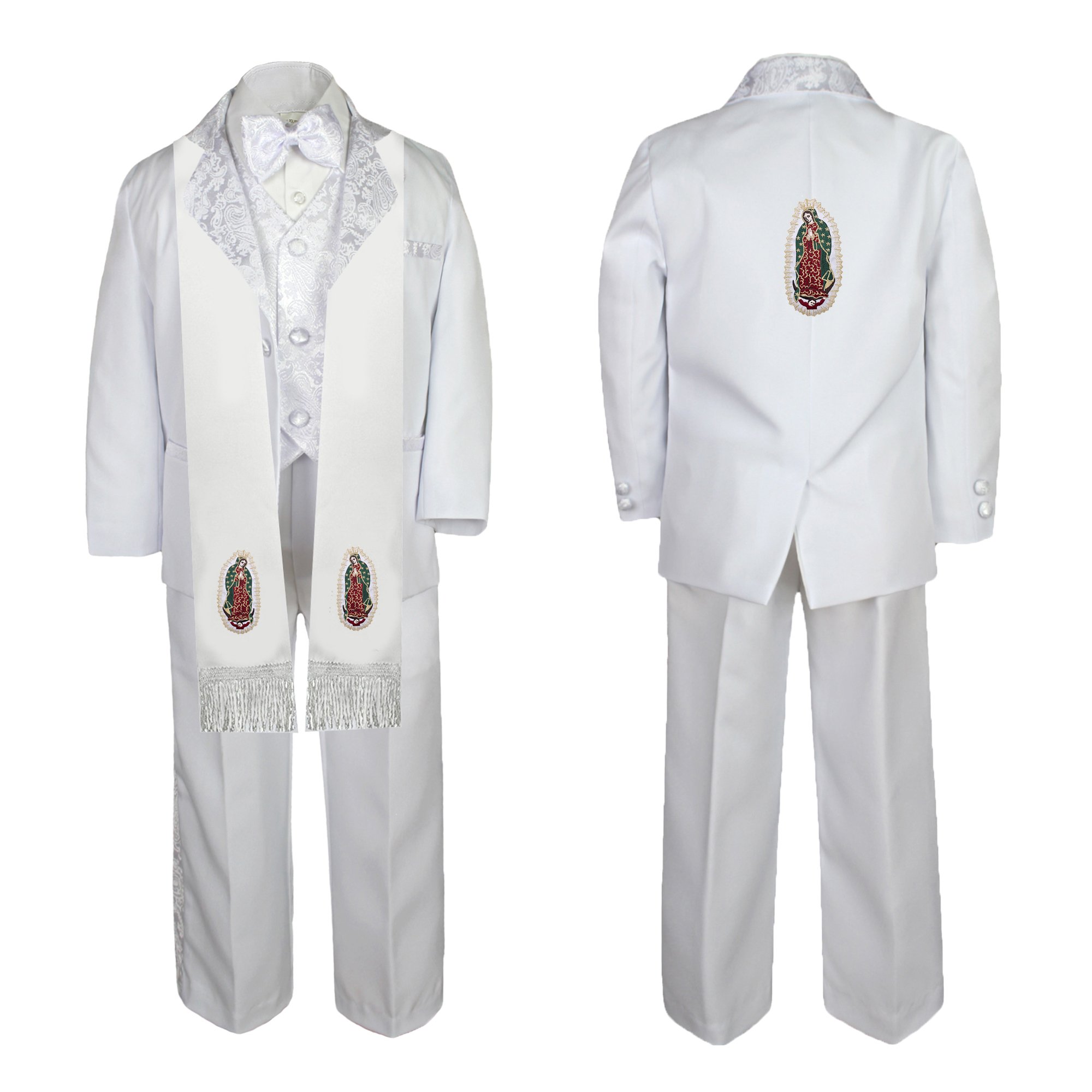 Baby Boy First Communion Suit - White Paisley Formal Outfit with Gold Guadalupe Stole & Back SM-20 | Perfect for Baptism, Christening & Special Church Events