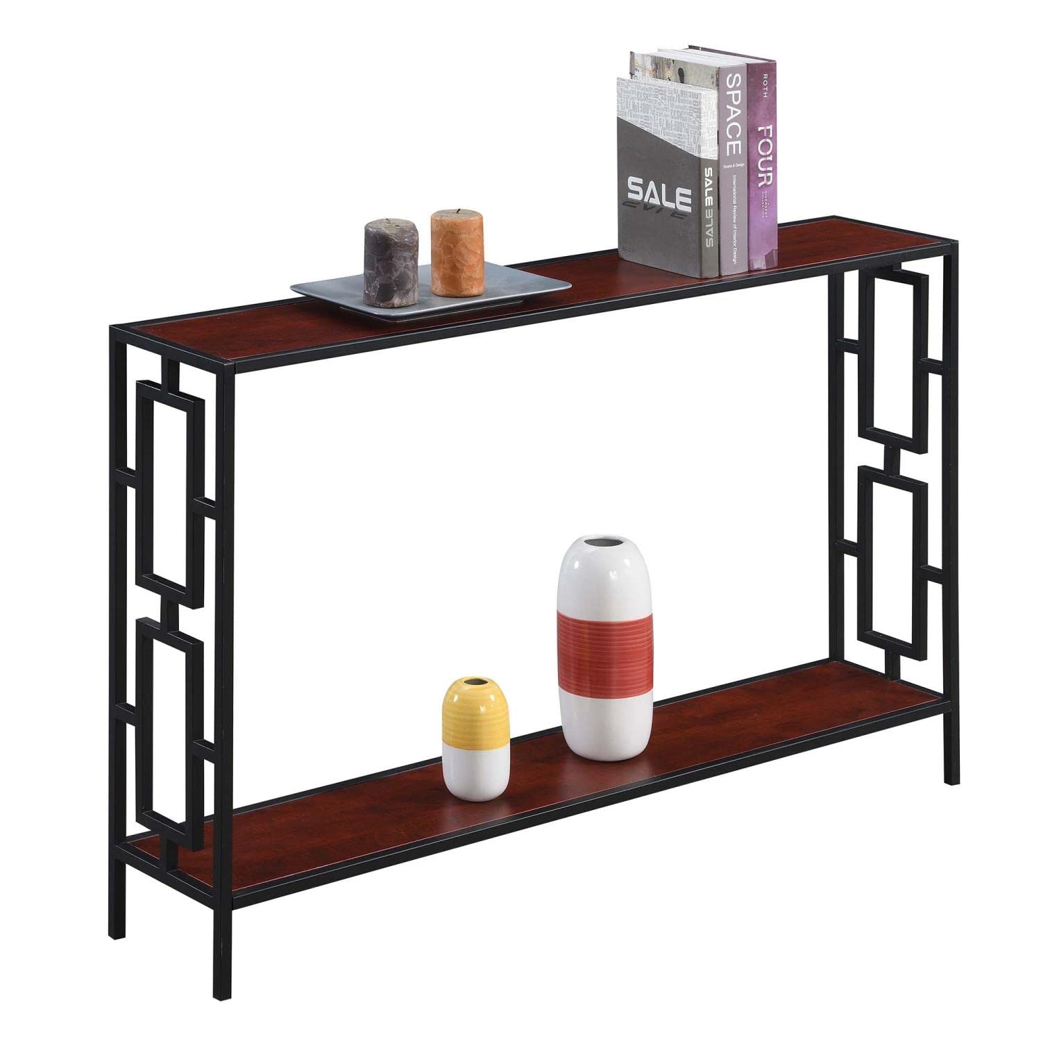 Modern Cherry & Black Metal Frame Console Table with Shelf - Perfect for Entryway, Living Room, or Hallway Decor