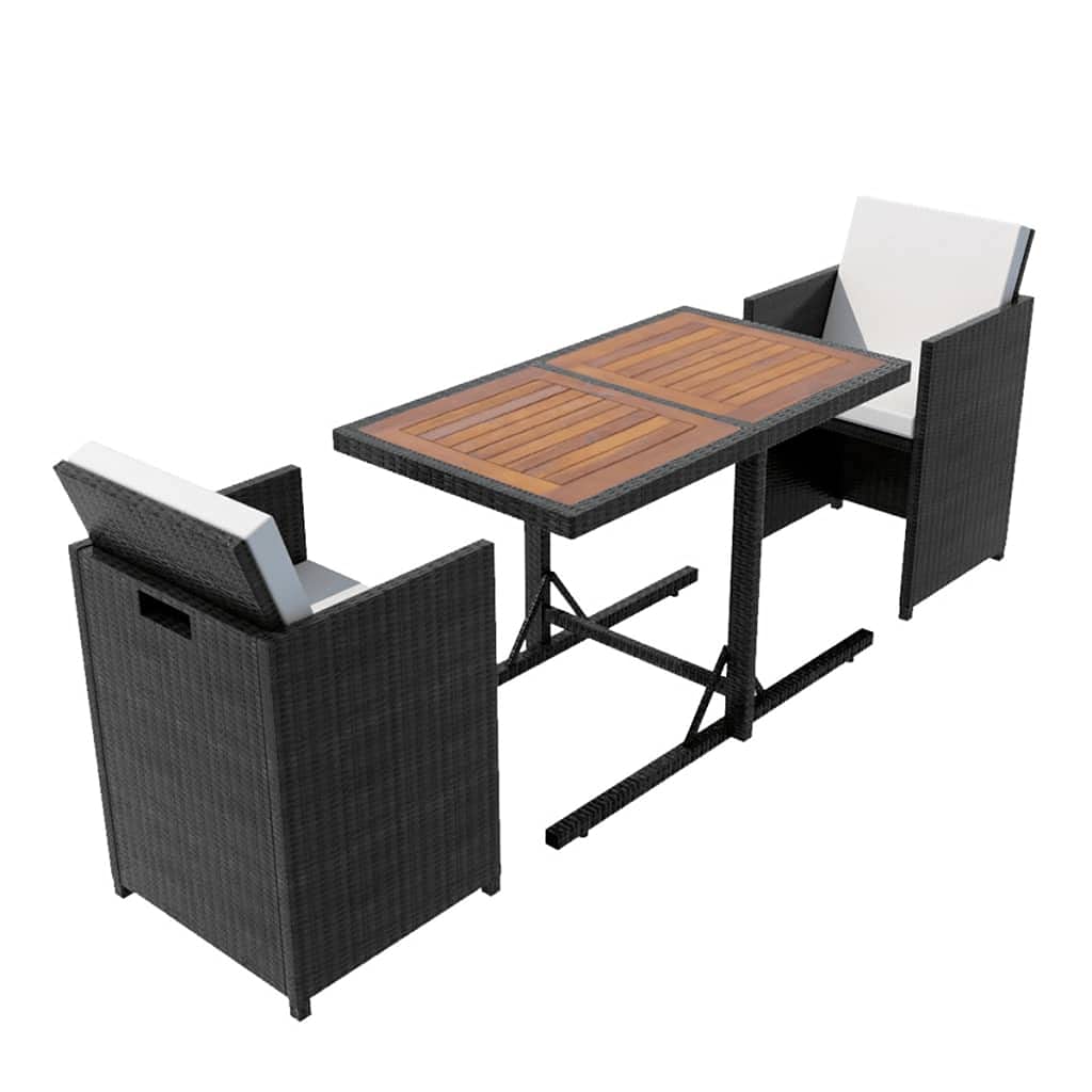 3-Piece Outdoor Patio Bar Set with Cushions - Black Poly Rattan Bistro Table & Stools for Backyard, Garden, Poolside or Balcony Dining