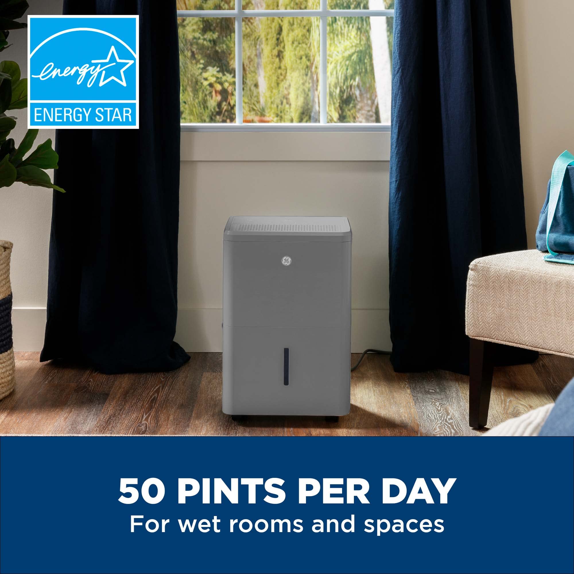 GE Energy Star Certified 50 Pint Portable Dehumidifier with Built-in Pump & Drain Hose - Ultra Quiet Operation for Basement, Bedroom, Bathroom - Auto/Manual Drainage - Ideal for Mold Prevention & Humidity Control in Homes (Gray)