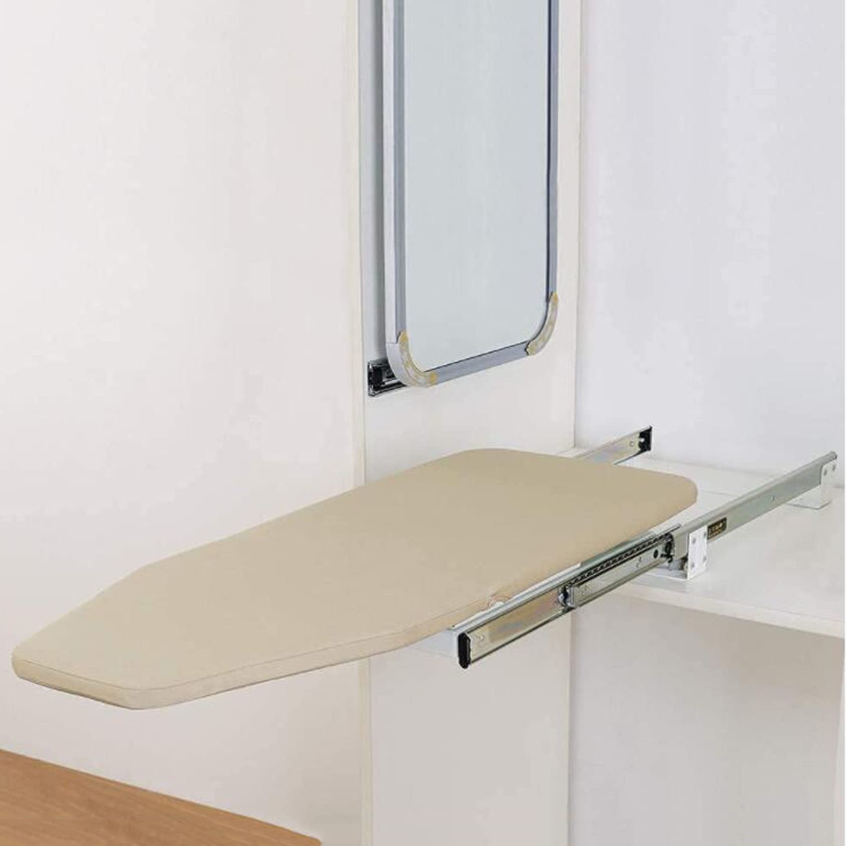 Space Saving Retractable Pull Out Ironing Board - Mounted in Drawer with Heat Resistant Cover, Swivel & Slide Out Design for Closet Organization (Beige) | Perfect for Small Apartments, Laundry Rooms & RV Living