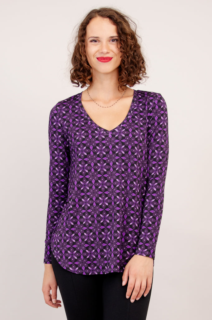 Jackie Long Sleeve Top with Geo Flower Print - Soft Bamboo Fabric - Perfect for Casual Wear, Office Outfits & Layering