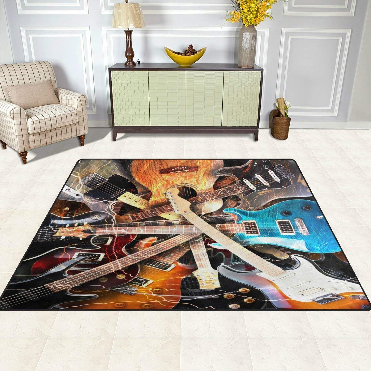 ALAZA Magic Electric Guitar Music Area Rug - 7' x 5' Non-Slip Floor Mat for Living Room, Bedroom, Music Studio - Perfect for Guitarists & Music Lovers Home Decor