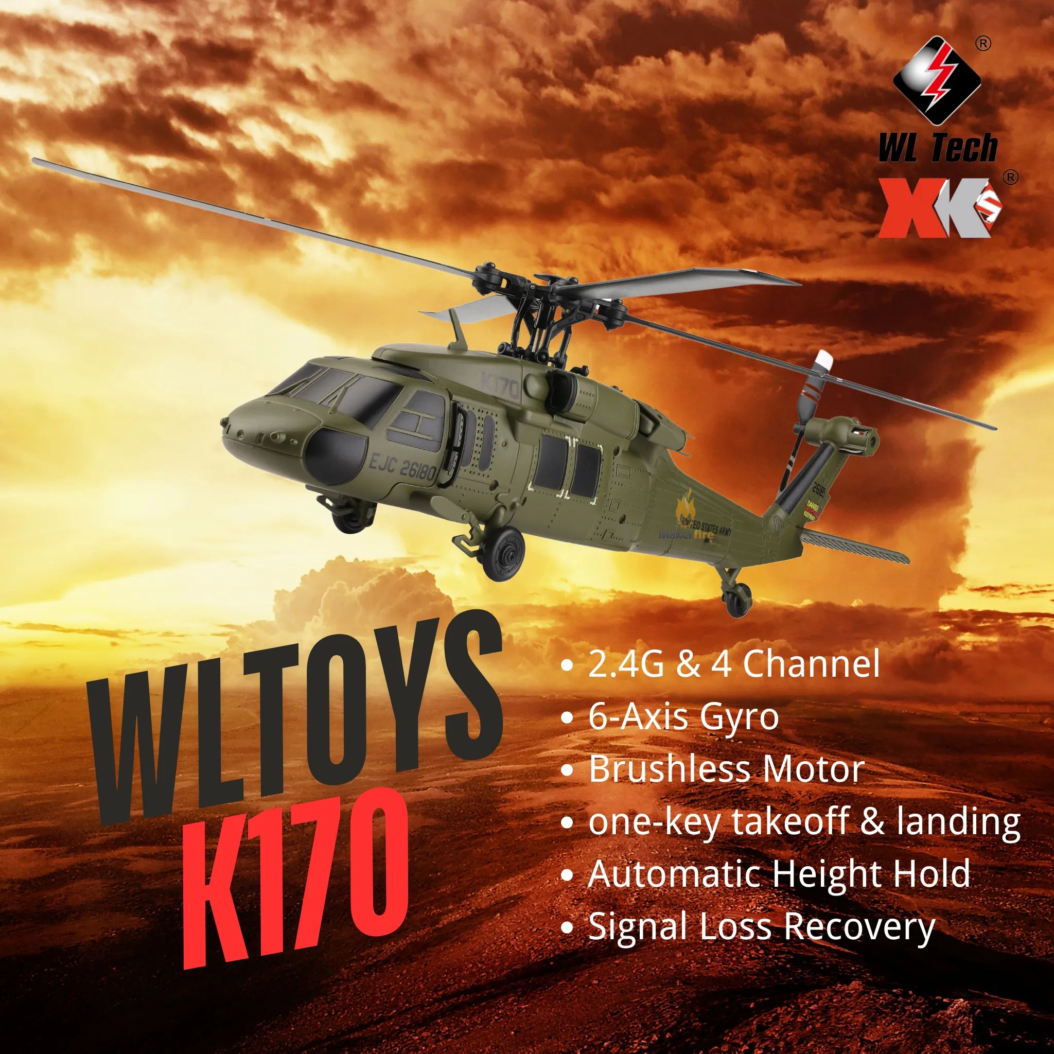 WLTOYS XK K170 RC Helicopter - BlackHawk UH-60L 260mm 2.4G 4CH with 1106 Brushless Motor - Indoor/Outdoor Flying Drone for Adults & Kids, Perfect for Hobbyists, Beginners and RC Enthusiasts