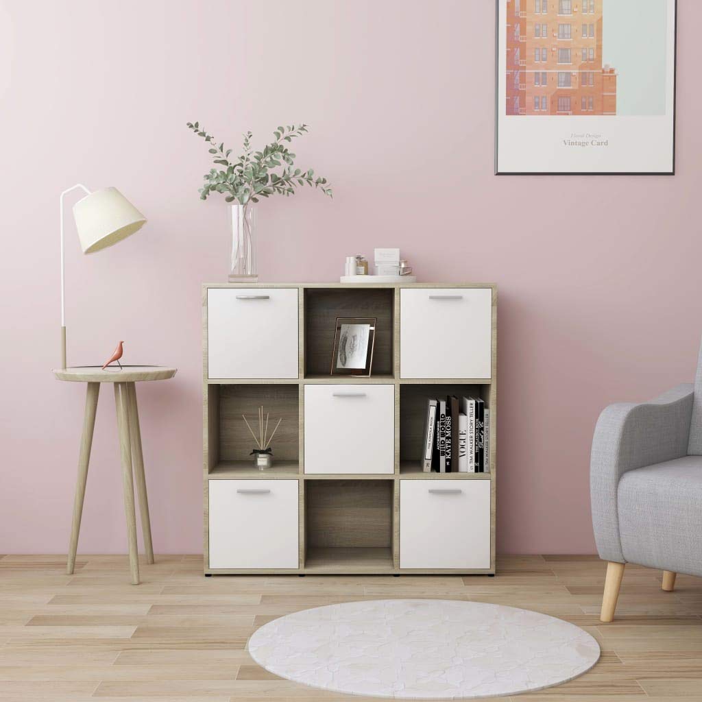 9 Cube Storage Bookcase with 5 Doors - Modern White & Brown Bookshelf for Home Office, Living Room - Organize Books, Plants, Decor & Office Supplies - Durable Open Shelf Display Unit