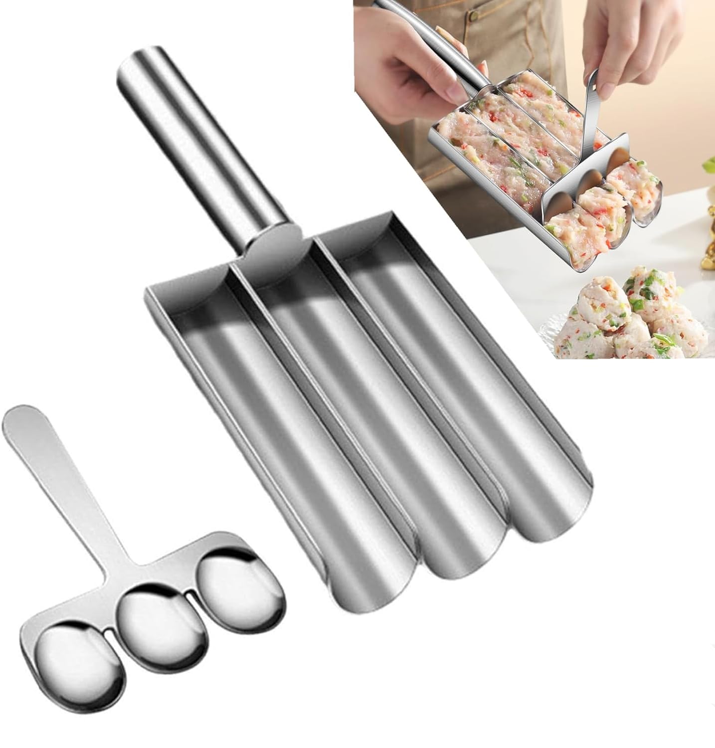 **Stainless Steel Meatball Maker - 3-Tube Manual Meatball Scoop & Mold for Perfect Meatballs, Cookies & Dough - Non-Stick, Portable Kitchen Tool for Meatballs, Meatloaf & Baking**