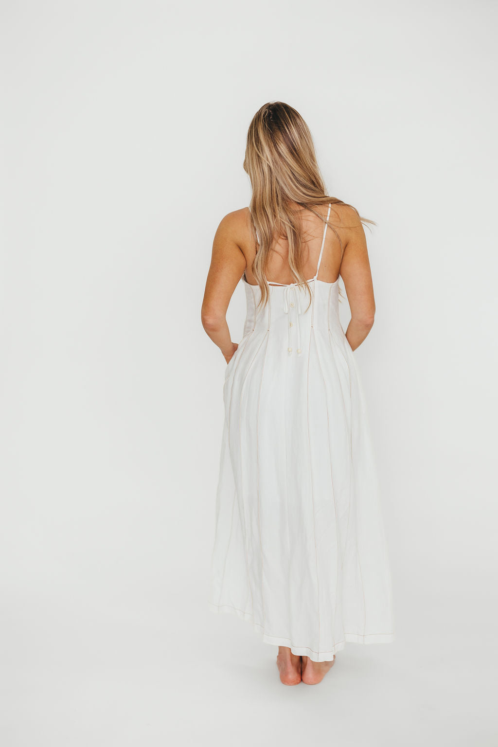 Mei Linen Stitch Maxi Dress in Cream | Women's Summer Boho Beach Dress | Perfect for Vacation, Wedding Guest & Casual Outings