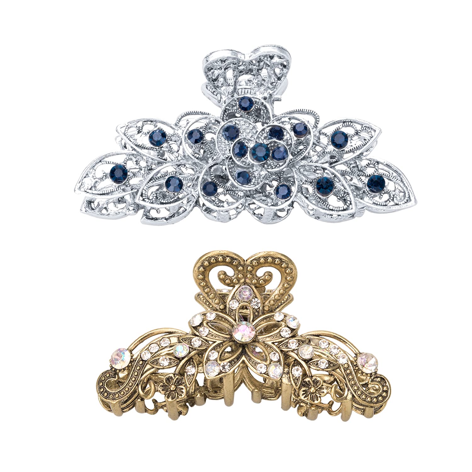 Vintage Crystal Rhinestone Hair Clips 2 Pack - Non-Slip Metal Hair Claw Clips with Retro Flower Design for Women & Girls | Perfect for Bath, Party, Wedding & Everyday Hairstyling Accessories