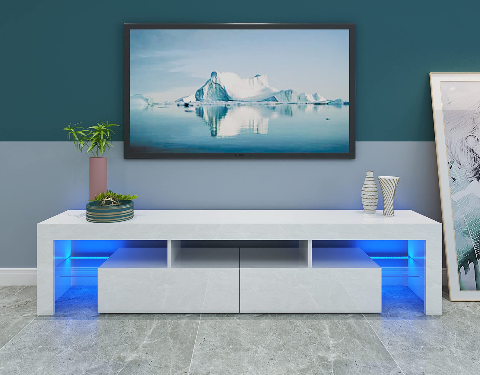 65 Inch Glossy Black LED TV Stand with Storage Drawers & Ambient Lighting - Modern Media Console Entertainment Center for Living Room, Bedroom & Home Theater Setup