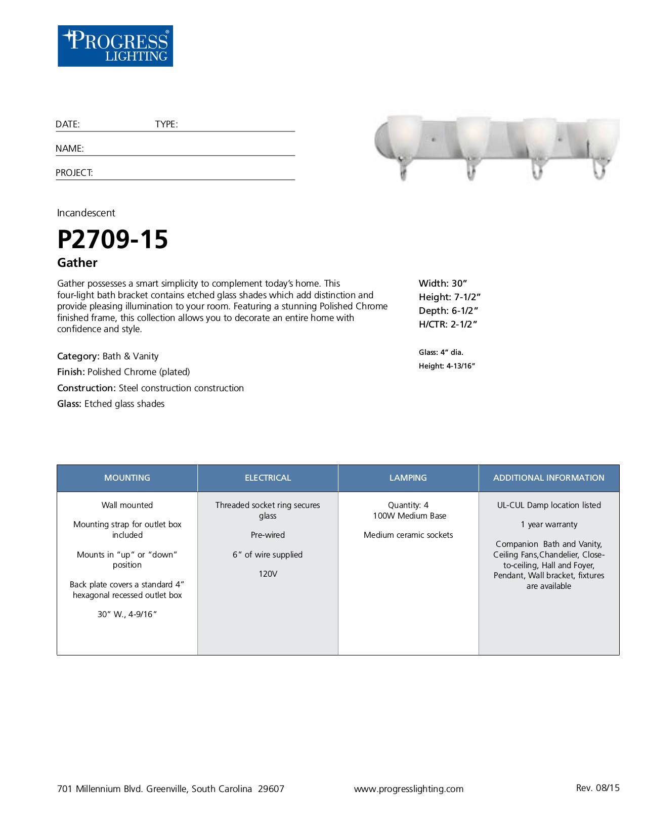 Progress Lighting P2709-15 Gather Bath & Vanity Light Fixture - Polished Chrome Finish - Perfect for Bathroom Vanity, Powder Room & Dressing Area Lighting