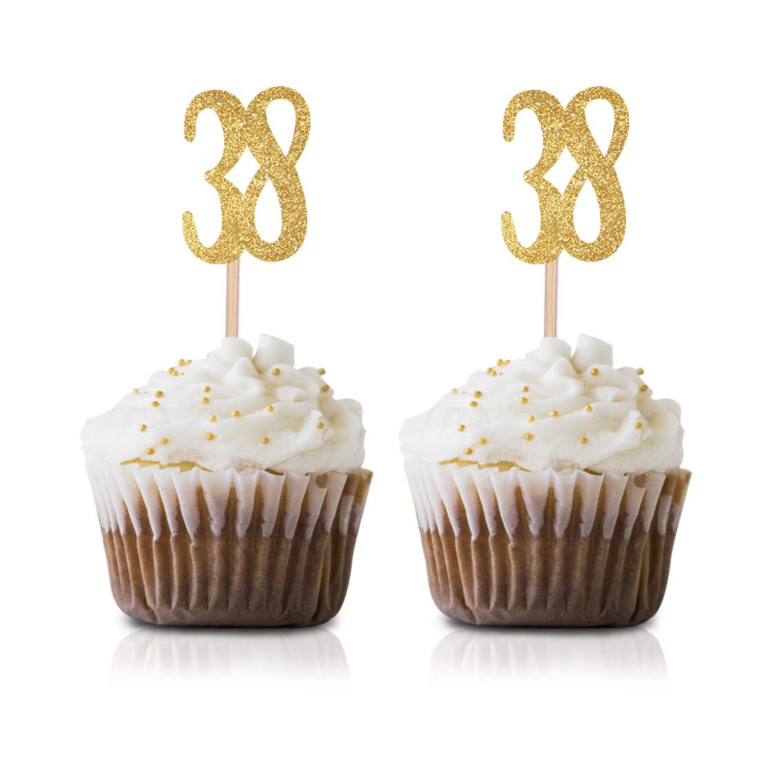 Gold Happy 38th Birthday Cupcake Toppers - 24-Pack Glitter Number 38 Cake Decorations for Anniversary Parties, Milestone Celebrations & Special Occasions