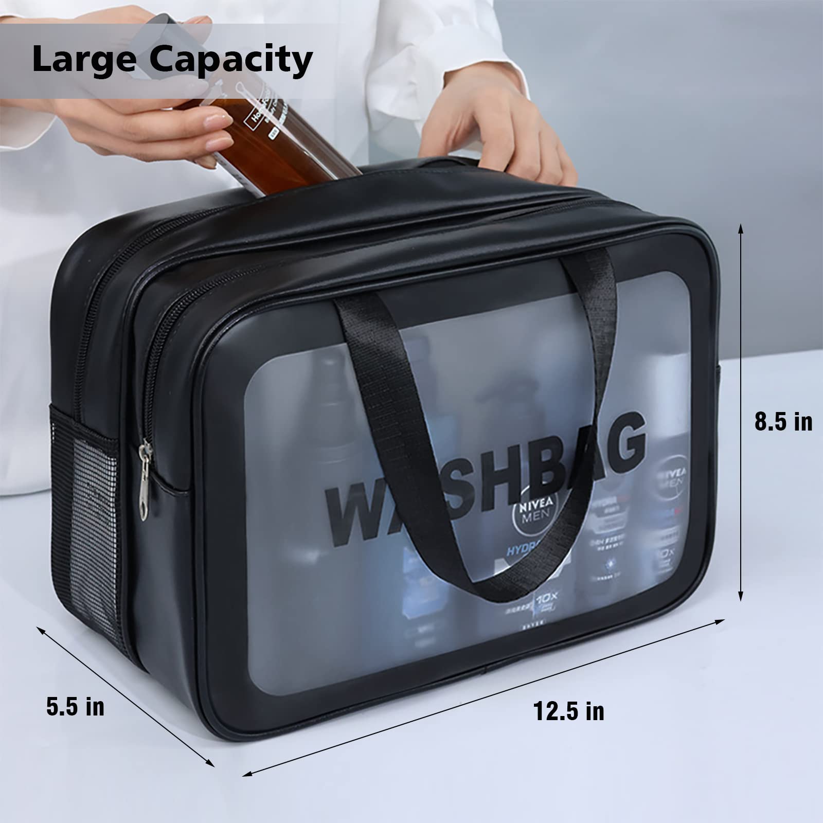 Matte Translucent Travel Toiletry Bag for Women & Men - XL Cosmetic Organizer with Handy Handle - Perfect for Makeup, Toiletries & Travel Accessories (Black) - Ideal for Airplane, Gym & Weekend Getaways