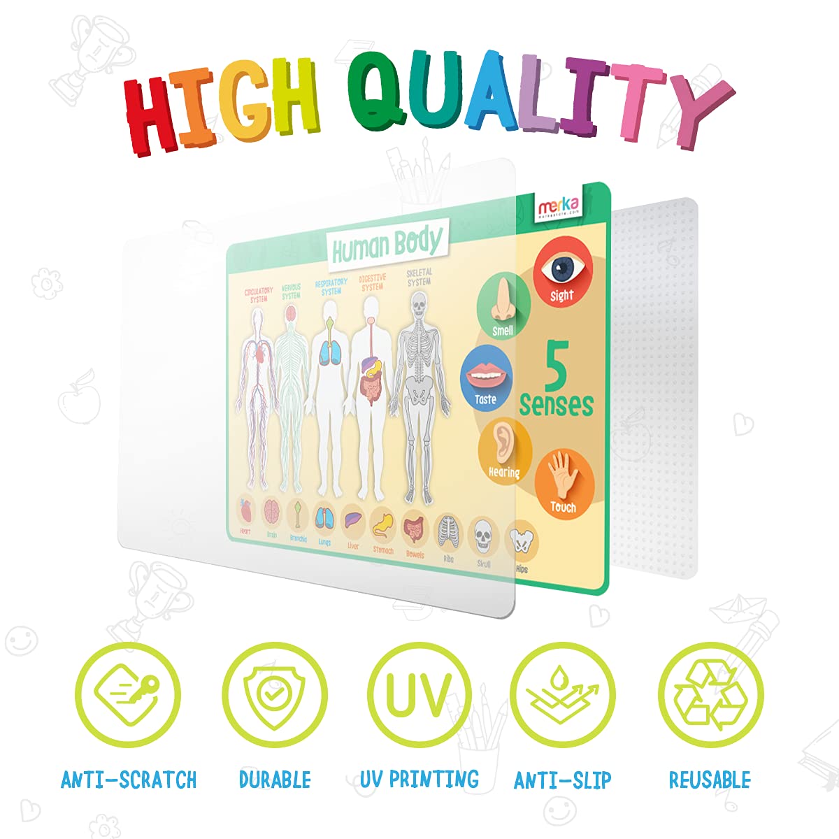 merka Kids Learning Placemats Set of 4 - Non-Slip Silicone Educational Mats with Solar System, Human Body, World Geography & USA Map - Perfect for Dining Table, Classroom & Homeschooling Activities