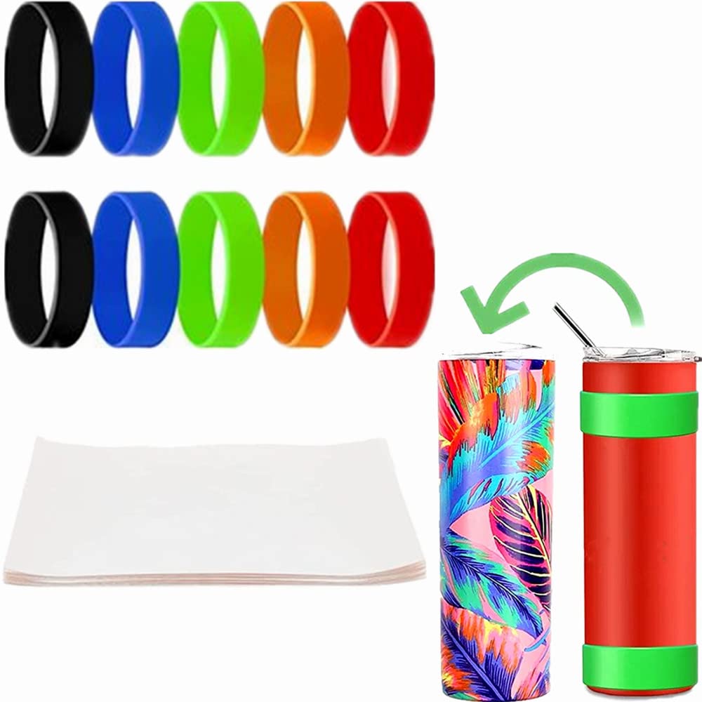 Gigicloud 10-Pack Sublimation Tumblers Silicone Bands Sleeve Kit - Heat Resistant Silicone Wrap with Transfer Tapes & Paper Holder Rings for DIY Crafts, Custom Drinkware, Personalized Gifts - Perfect for Home, Office, Parties & Events