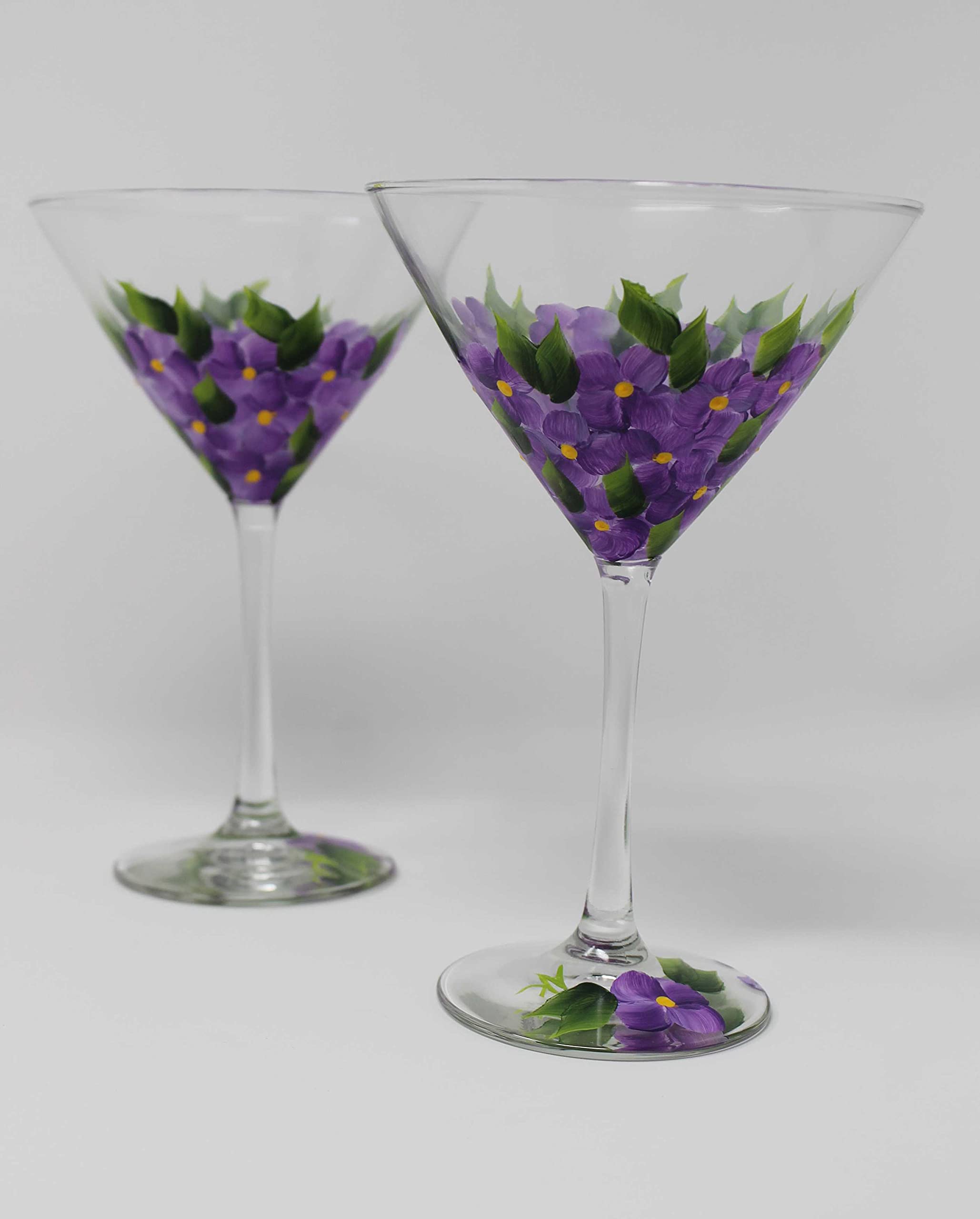 Hand Painted Martini Glasses - Violet Floral Design (Set of 2) for Cocktail Parties, Wedding Favors & Home Bar Decor