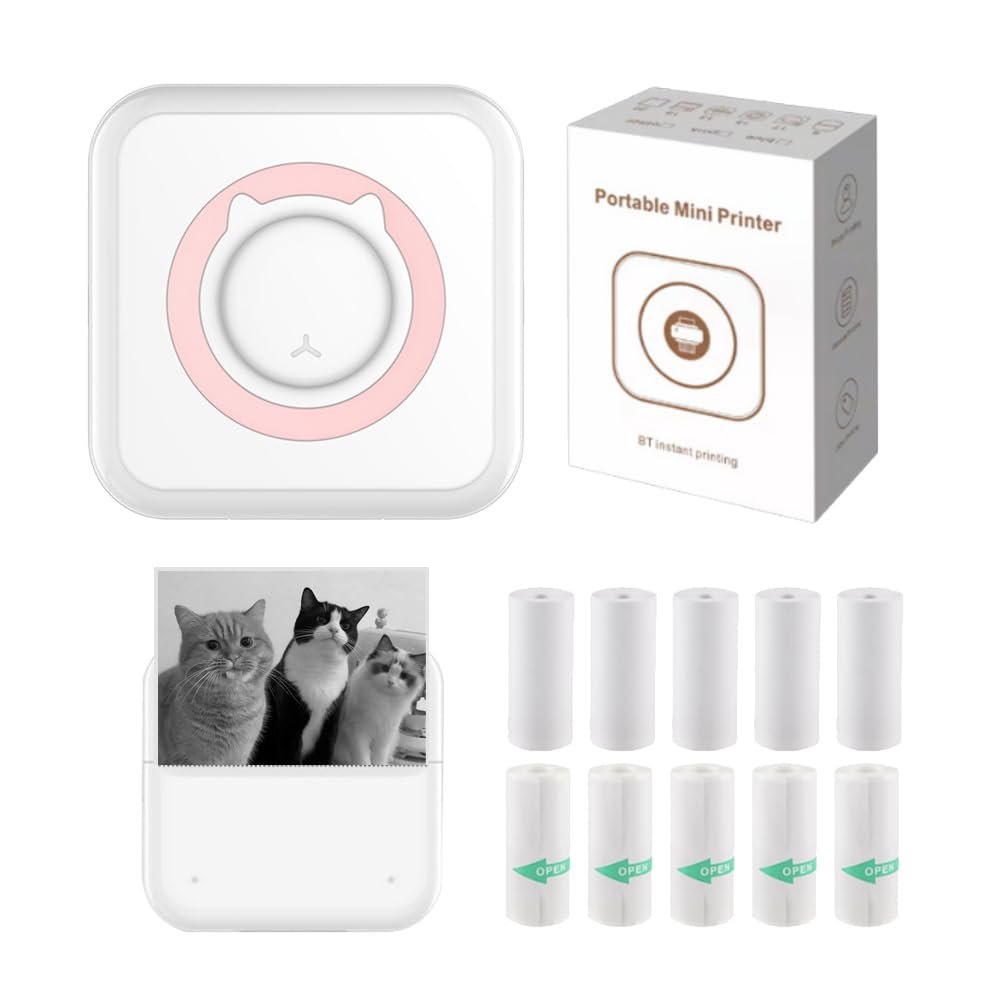 Mini Bluetooth Thermal Sticker Printer - Portable Smart Photo Printer for iPhone, Compatible with Android, Includes 10 Rolls Thermal Paper - Perfect for Journaling, Memos, DIY Crafts & Instant Photo Printing