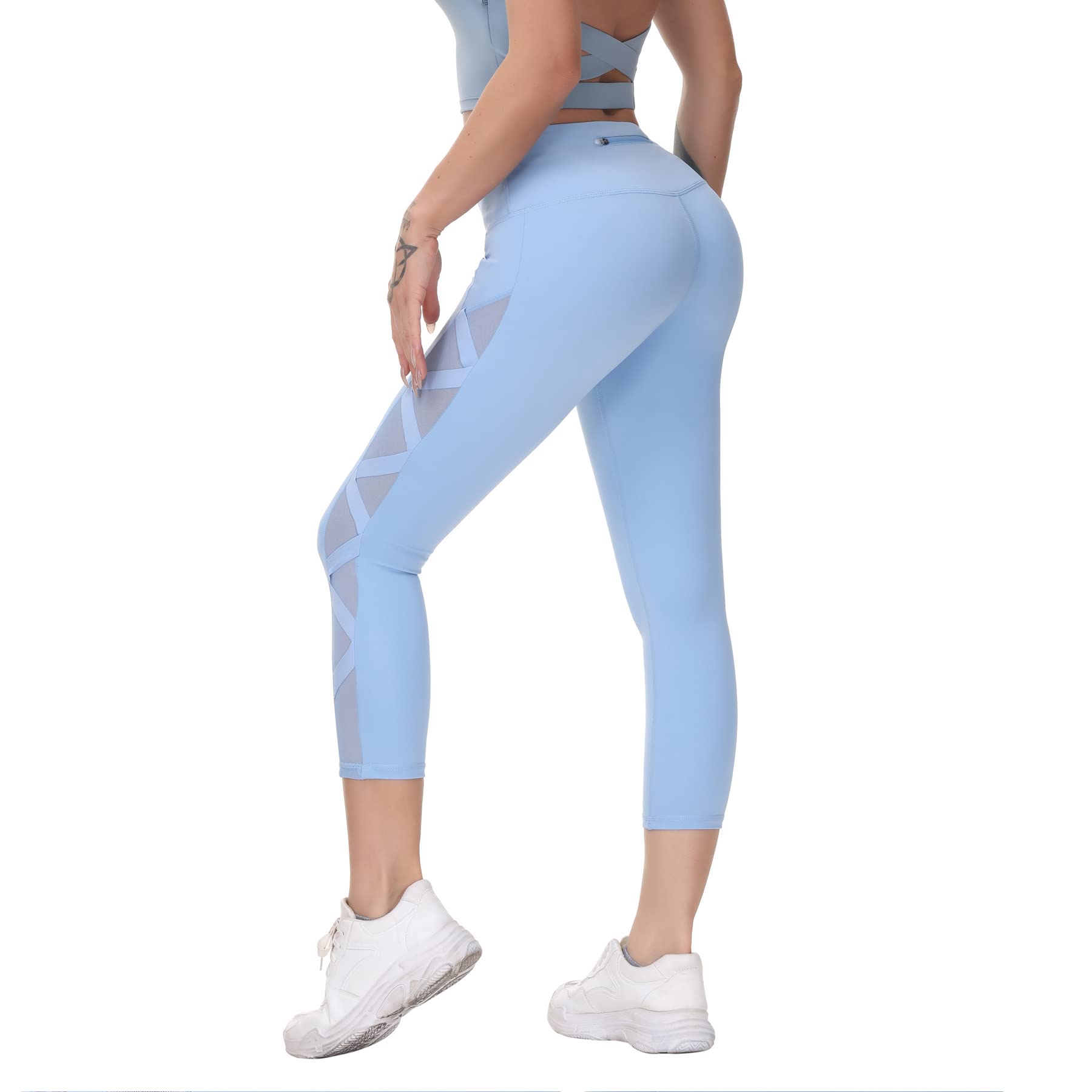 Romansong Women's High Waisted Yoga Pants with Pockets - 4-Way Stretch Tummy Control Mesh Capri Leggings, Non See-Through Workout & Lounge Wear for Yoga, Gym, Running & Daily Comfort